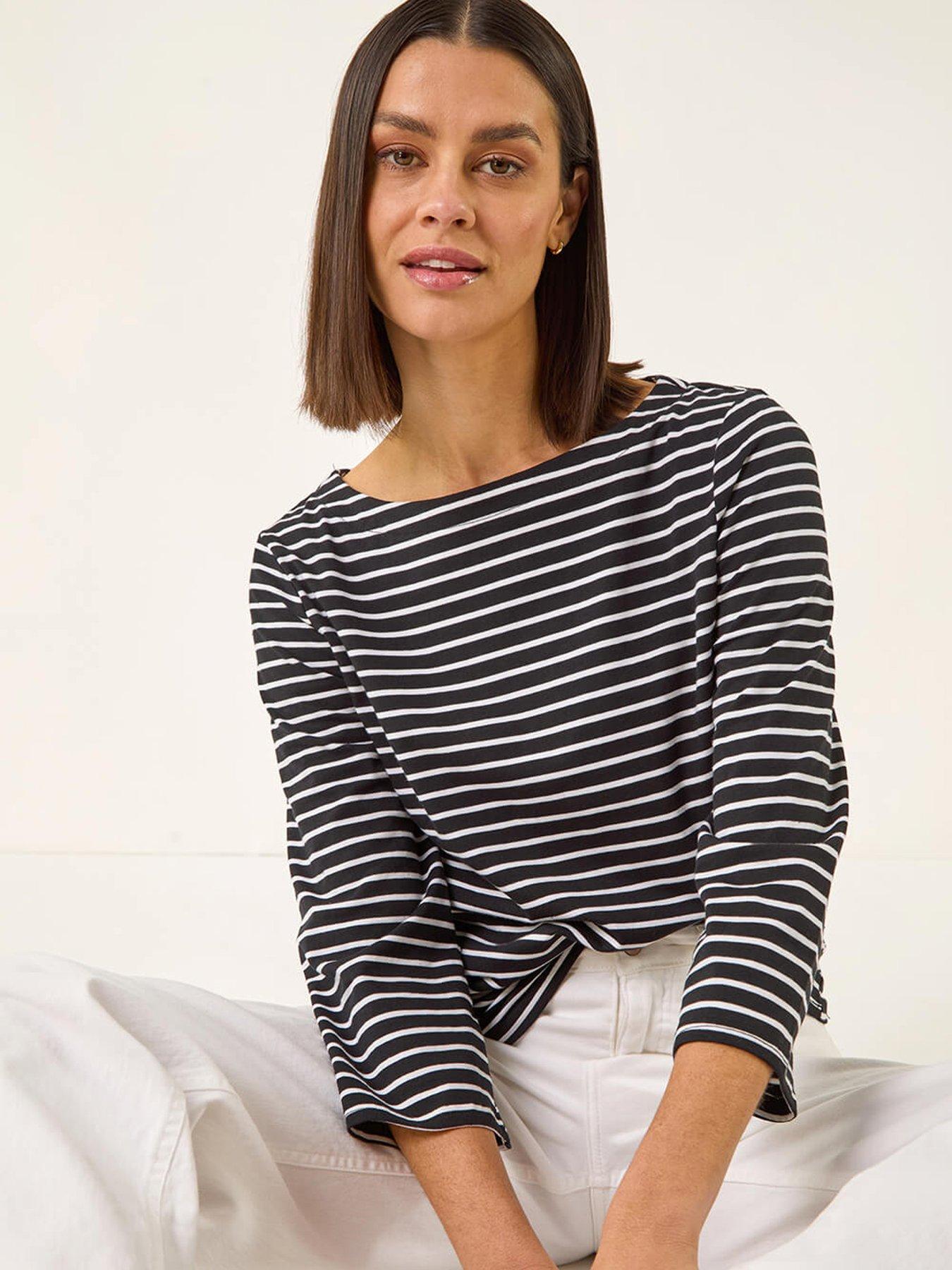 Image 1 of 5 of Roman Stripe Print Boat Neck Top