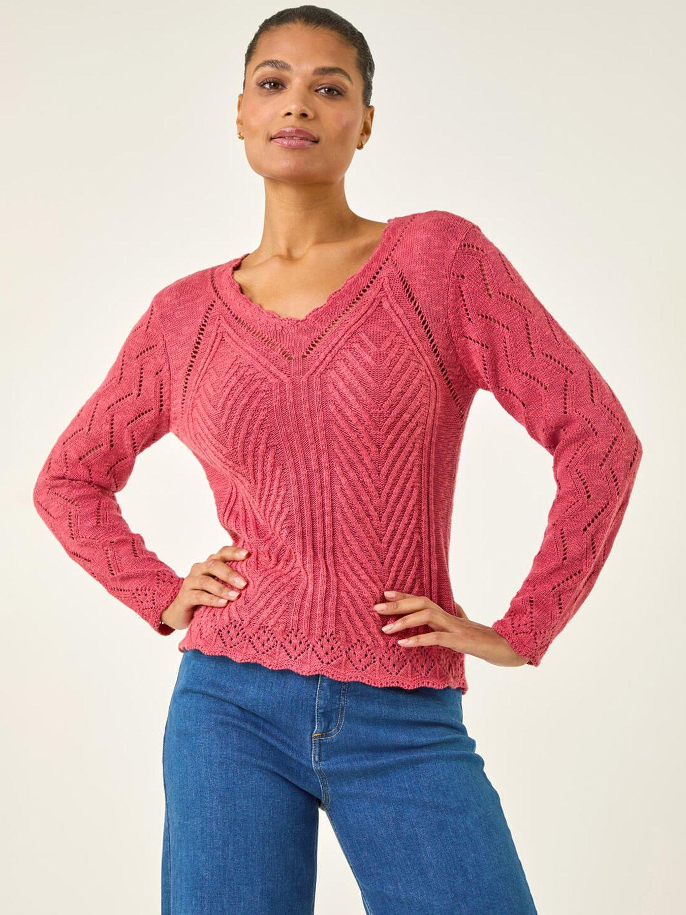 Roman Scallop V-neck Knit Jumper, Pink, Size 20, Women