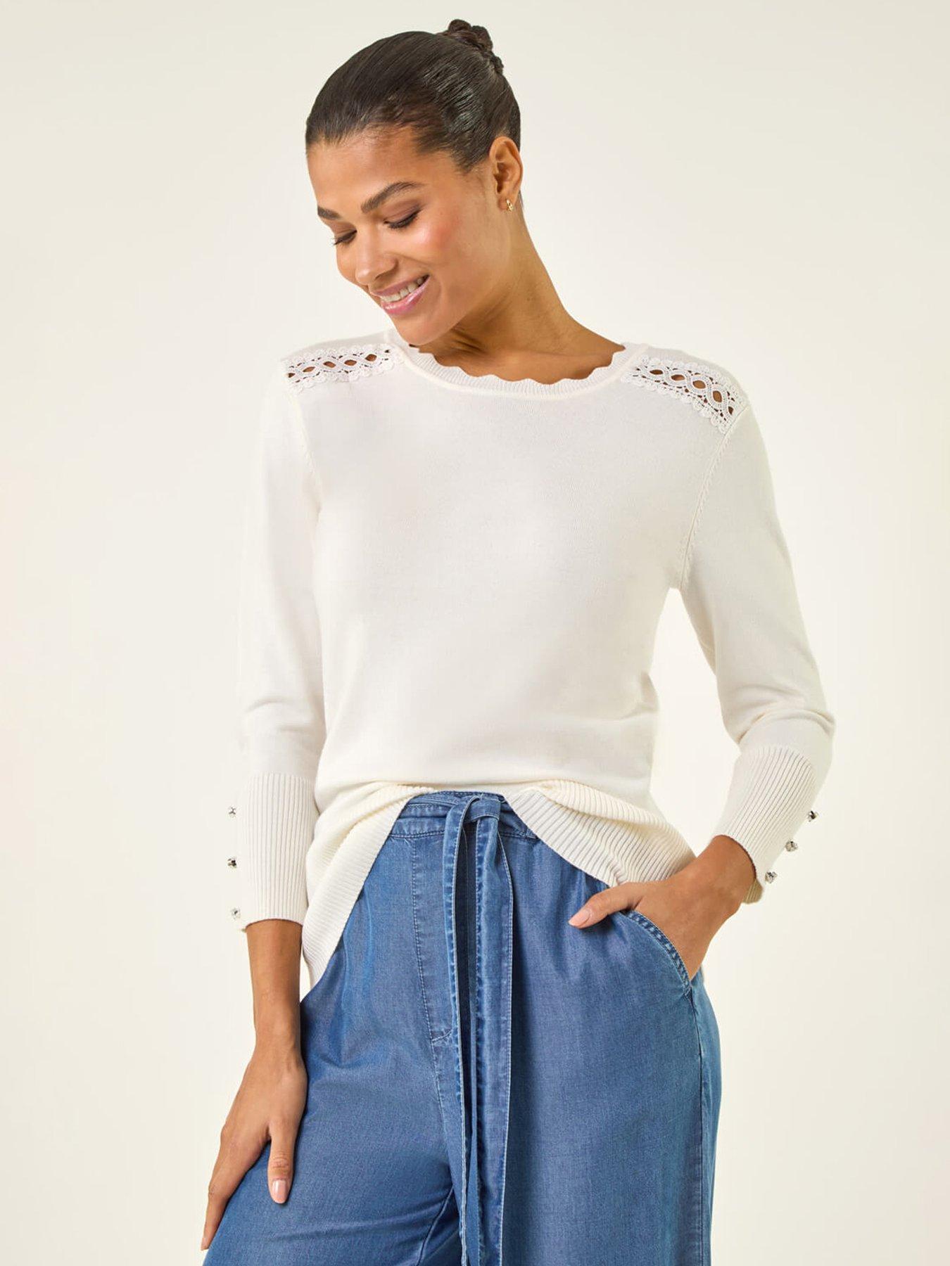 Roman Scalloped Neck Knit Jumper, White, Size 20, Women
