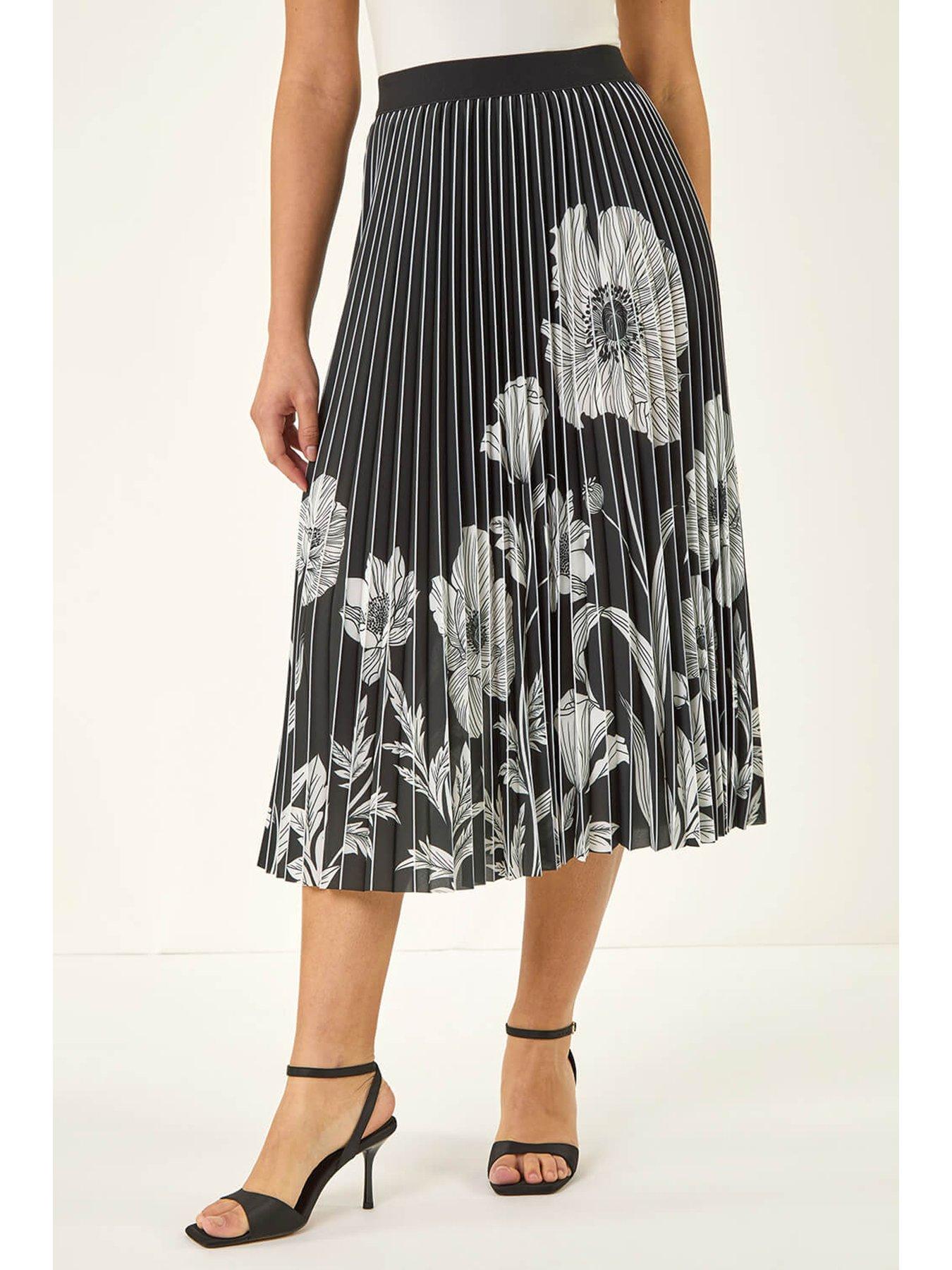 Roman Floral Print Pleated Midi Skirt, Black, Size 14, Women