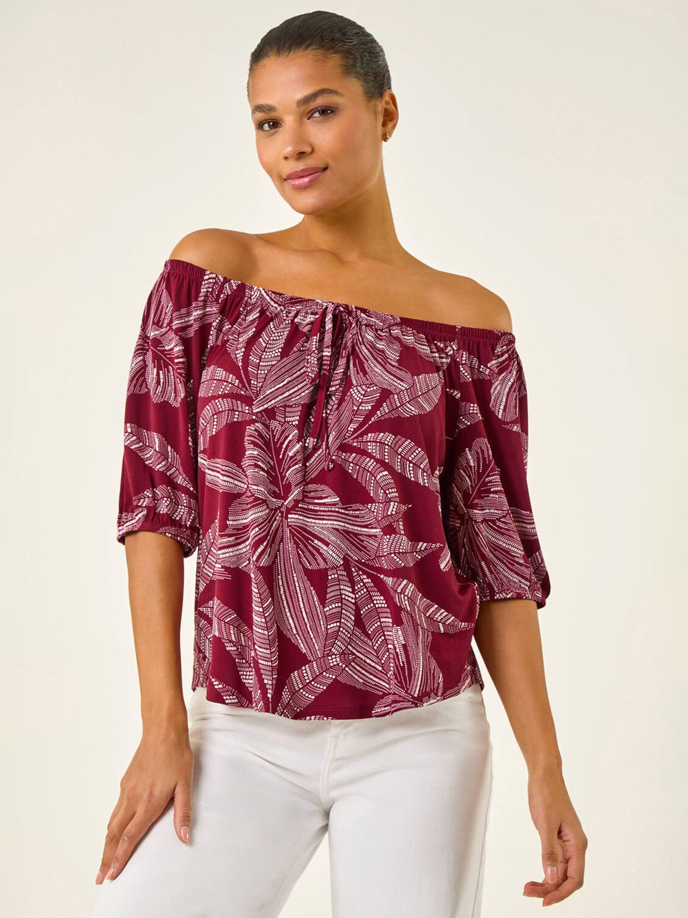 Roman Floral Puff Print Bardot Top