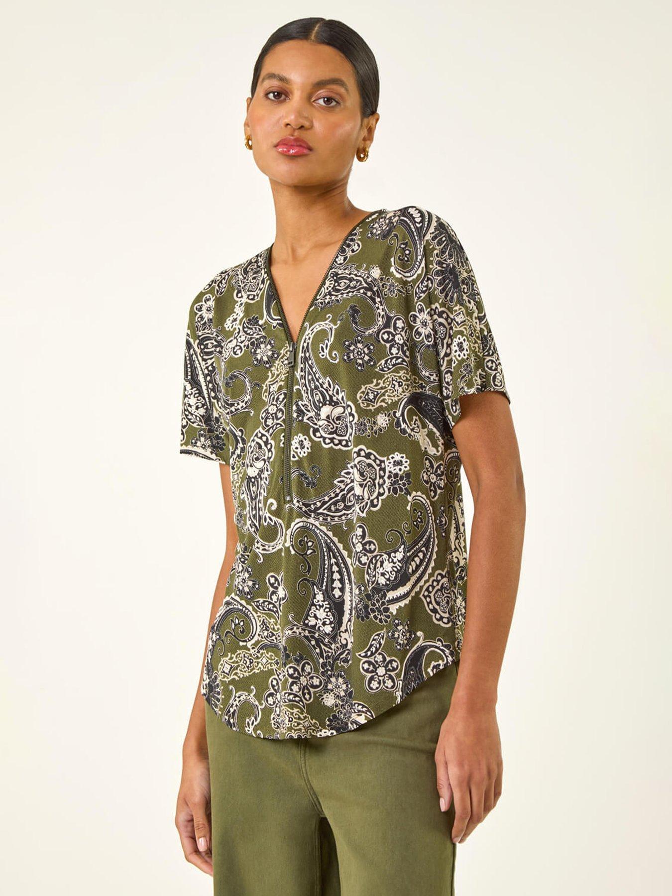 Roman Paisley Print Zip Front Top