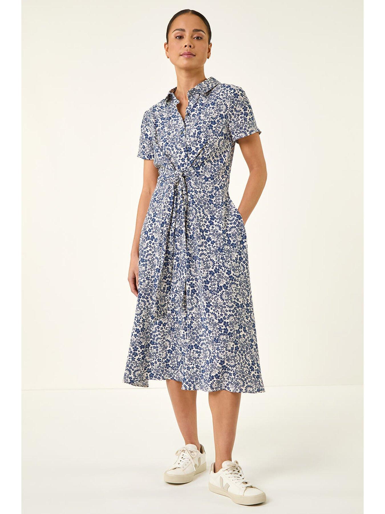 Roman Petite Ditsy Tie Front Midi Dress