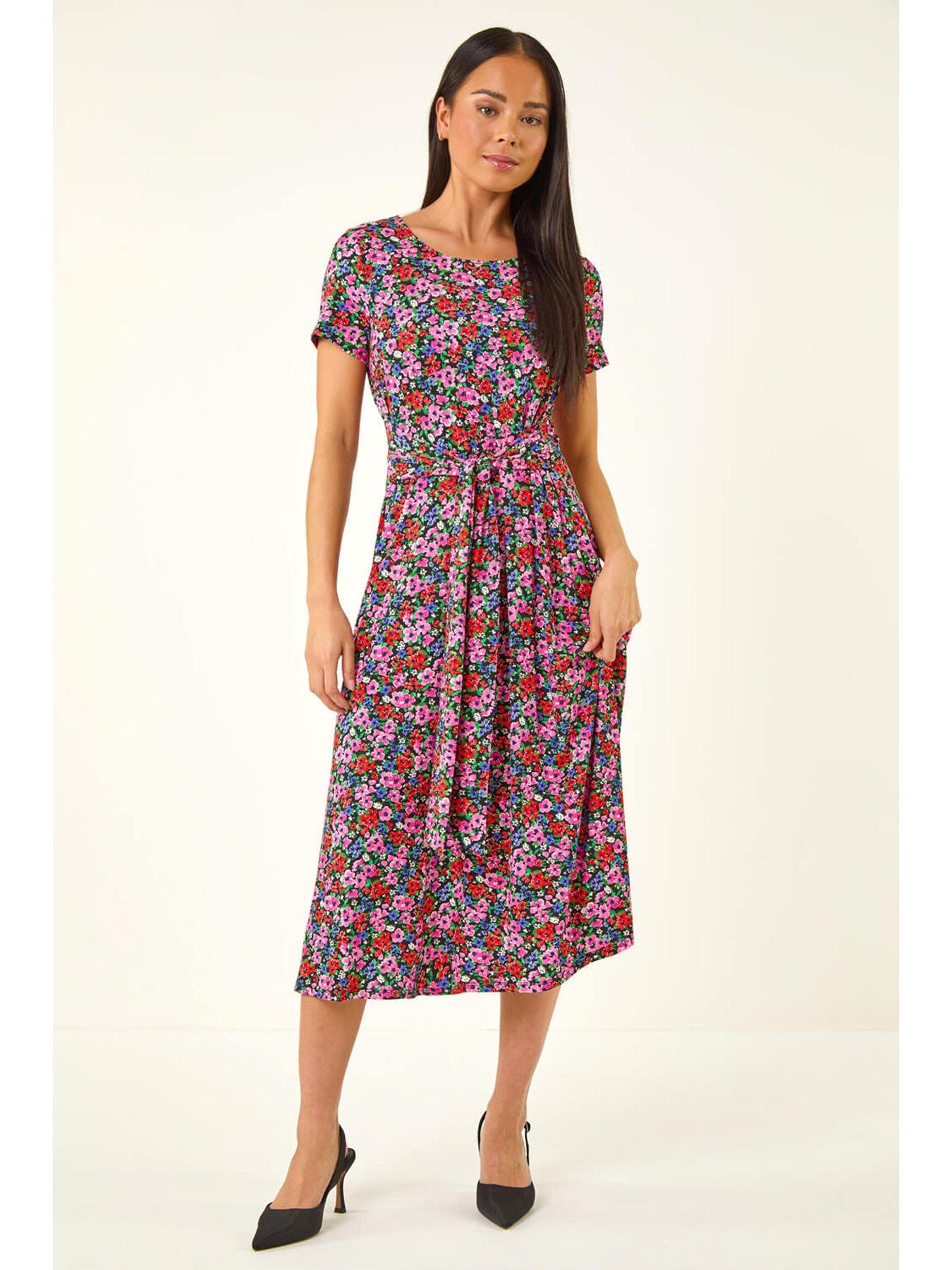 Roman Petite Floral Tie Front Stretch Midi Dress