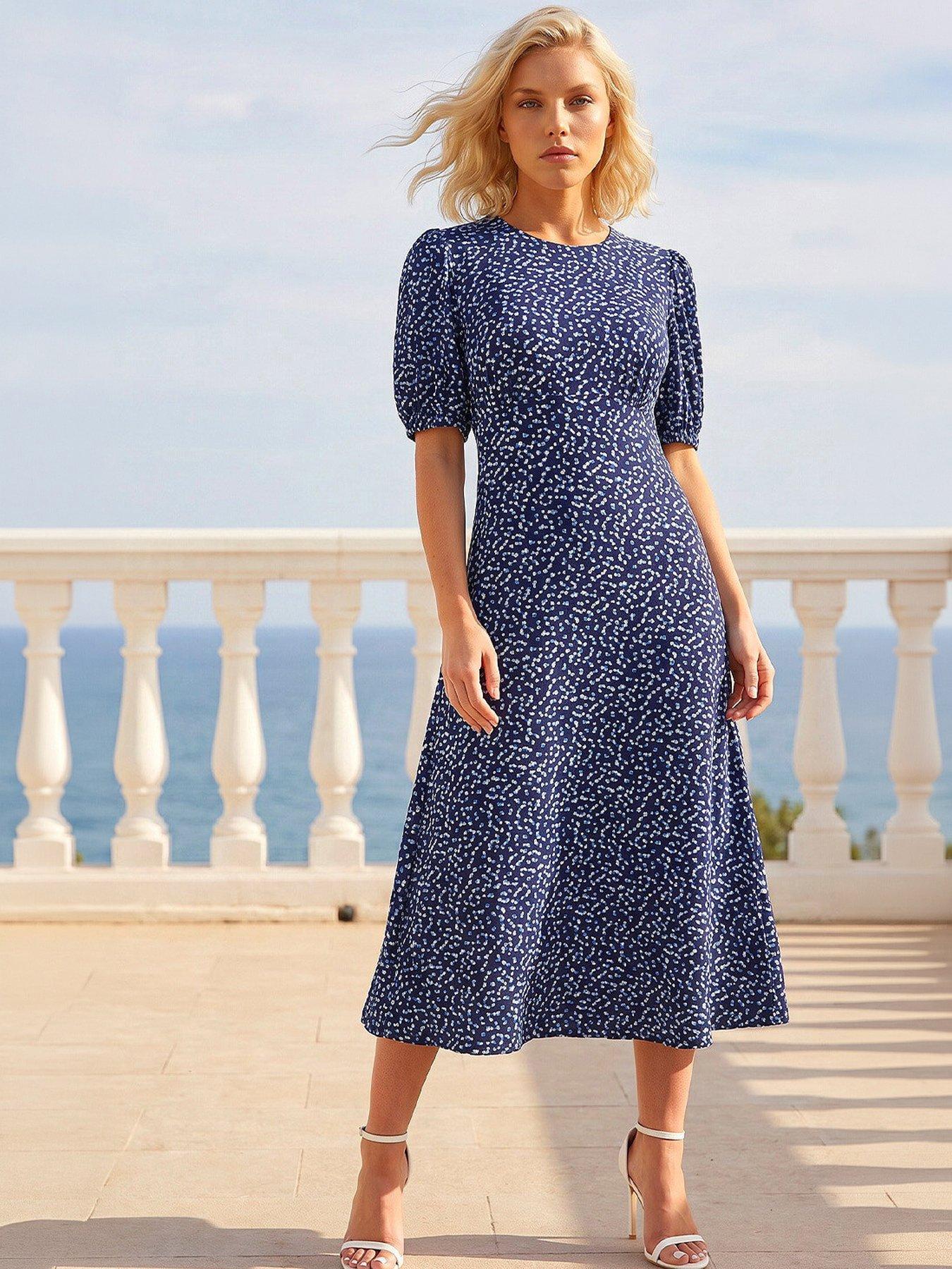 Roman Petite Abstract Stretch Midi Dress, Blue, Size 18, Women