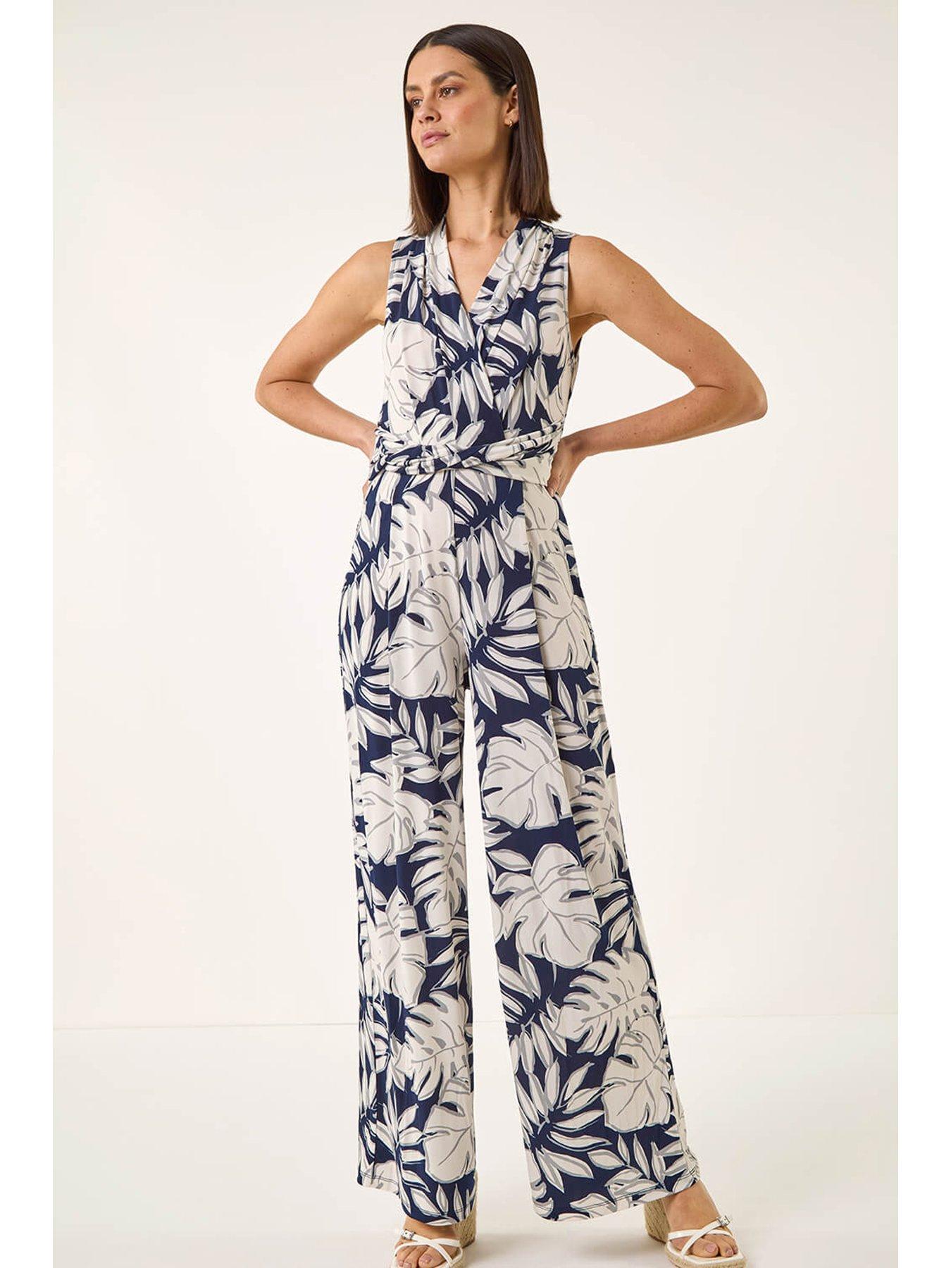 Roman Palm Leaf Print Stretch Jumpsuit
