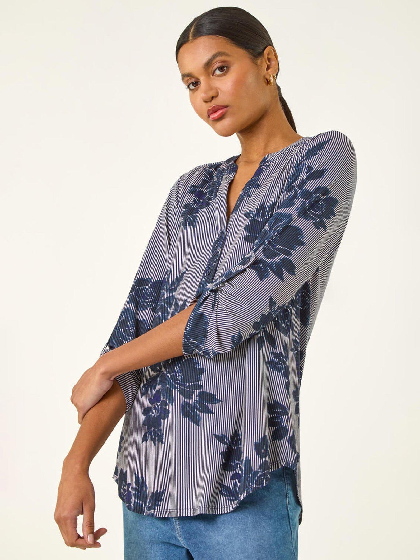 Roman Stripe Floral Print Stretch Shirt