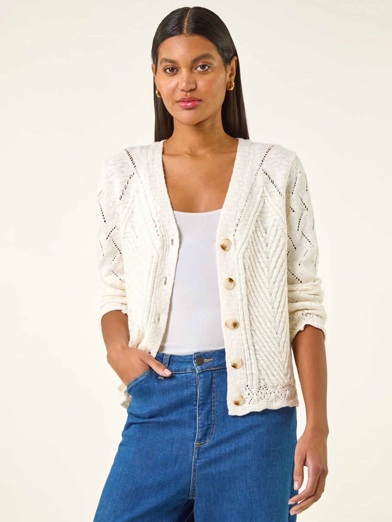 Roman Scallop V-neck Knit Cardigan, White, Size 16, Women
