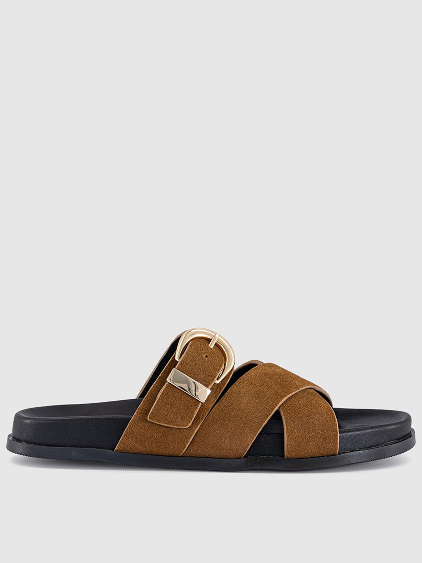 OFFICE Stella - Cross Strap Buckle Detail Footbed Slider - Tan Suede