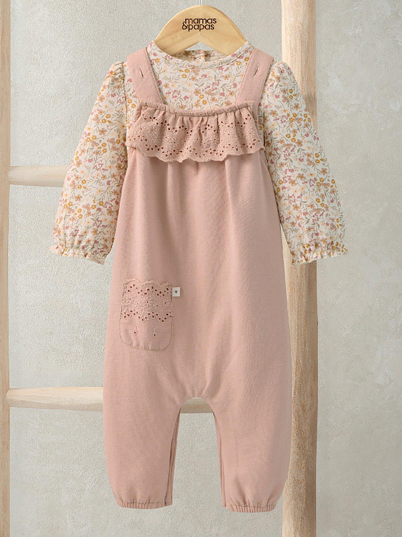 Mamas & Papas Baby Girls 2 Piece Broderie Dungarees  &  Bodysuit Set - Pink