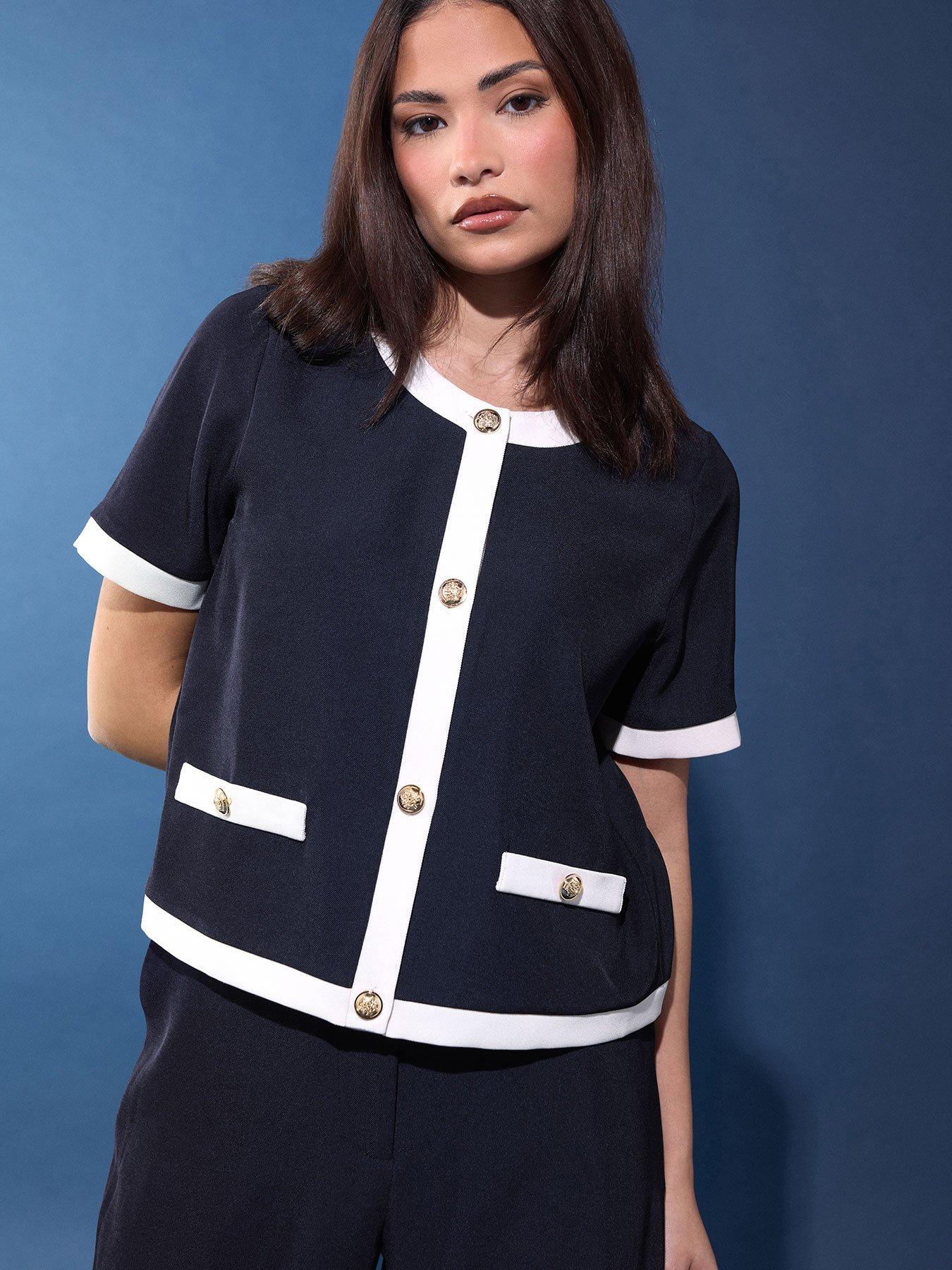 PixieGirl Petite Button Contrast Trim Short Sleeve Blouse - Blue