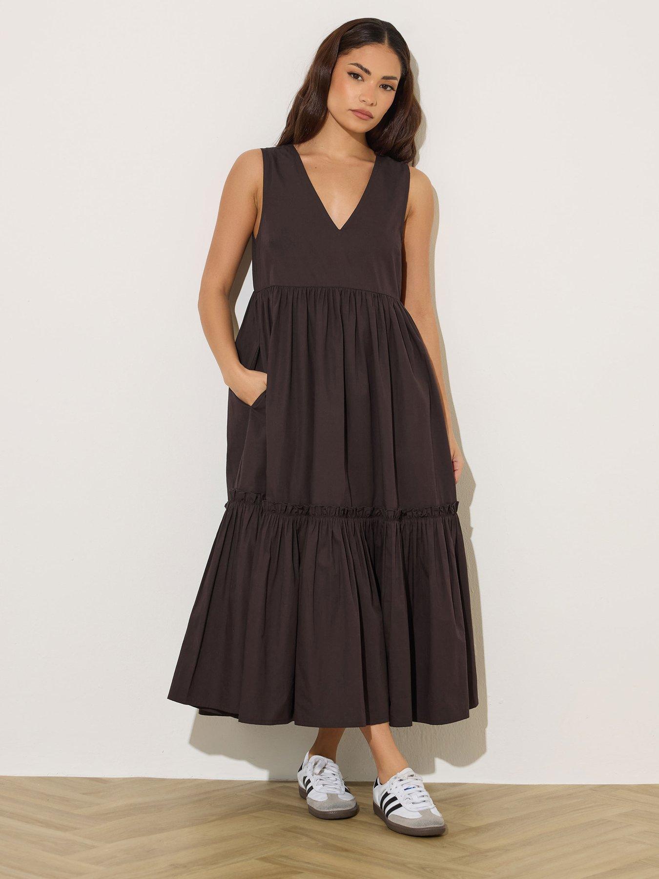 PixieGirl Petite Frill Tiered Midi Dress, Brown, Size 12, Women