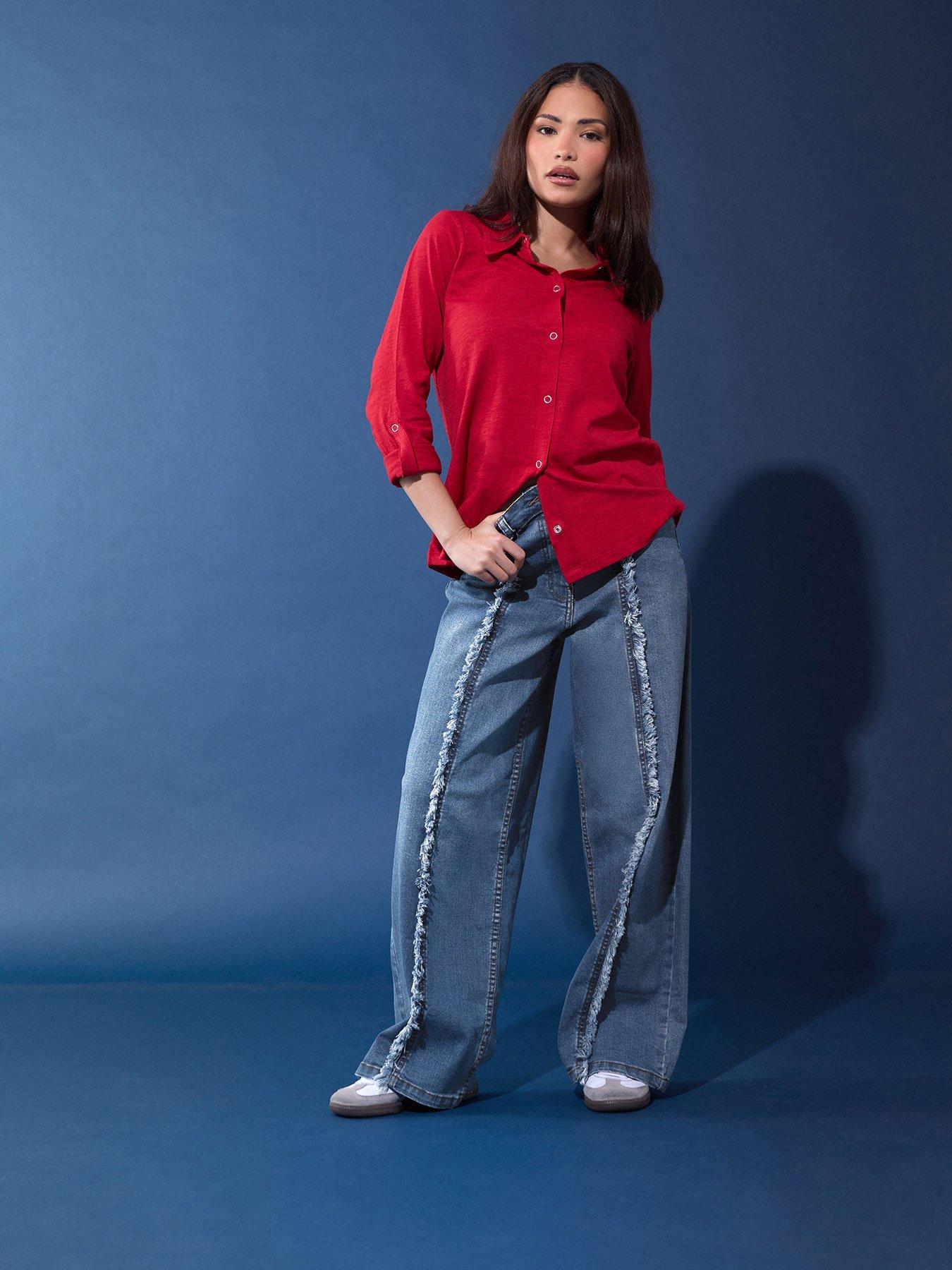 PixieGirl Petite Frayed Seam Wide Leg Stretch Jean - Blue