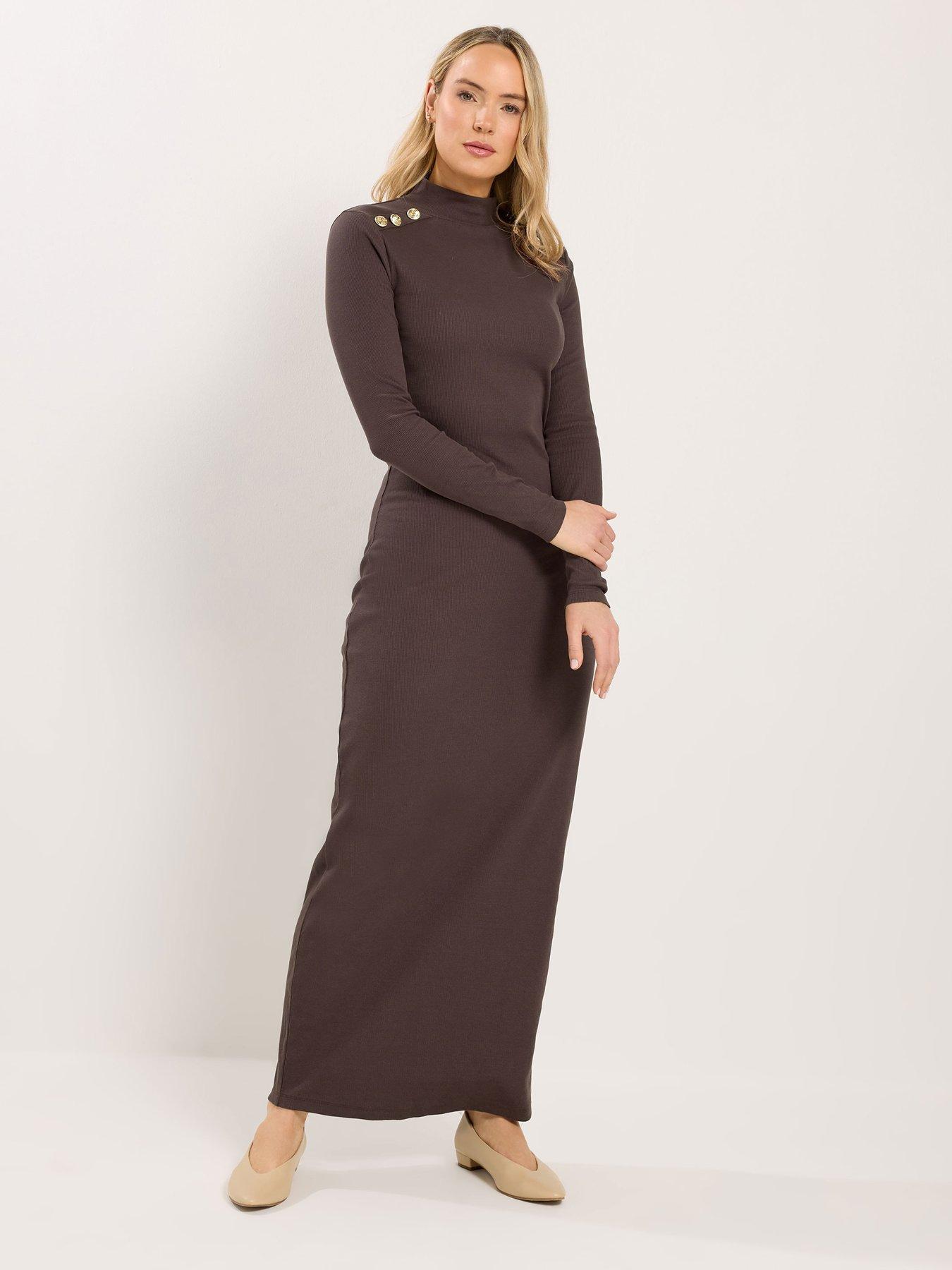 Long Tall Sally Button Shoulder Maxi Dress - Brown
