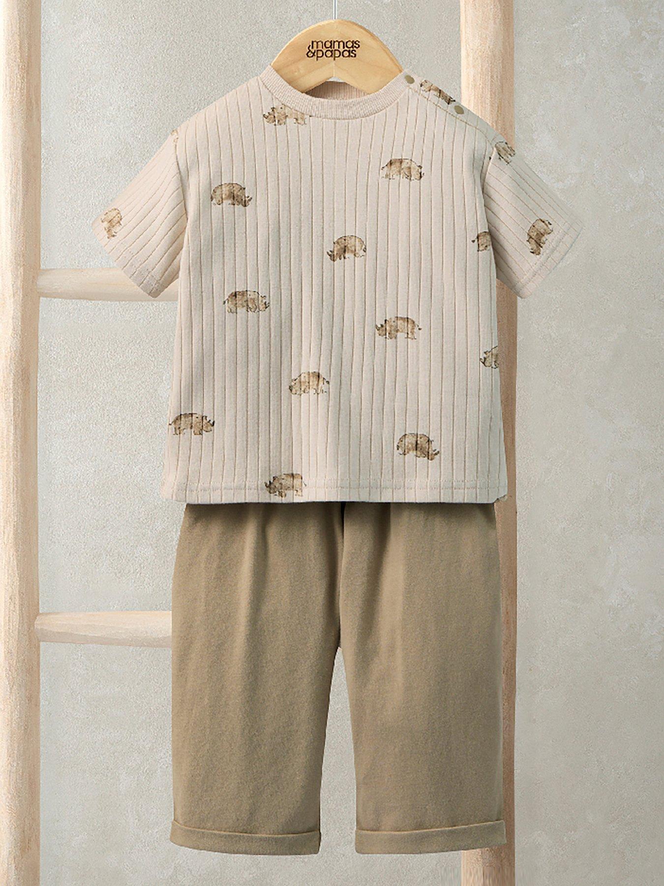 Mamas & Papas Baby Boys 2 Piece Rhino Ribbed T-shirt  &  Trousers Set - Beige