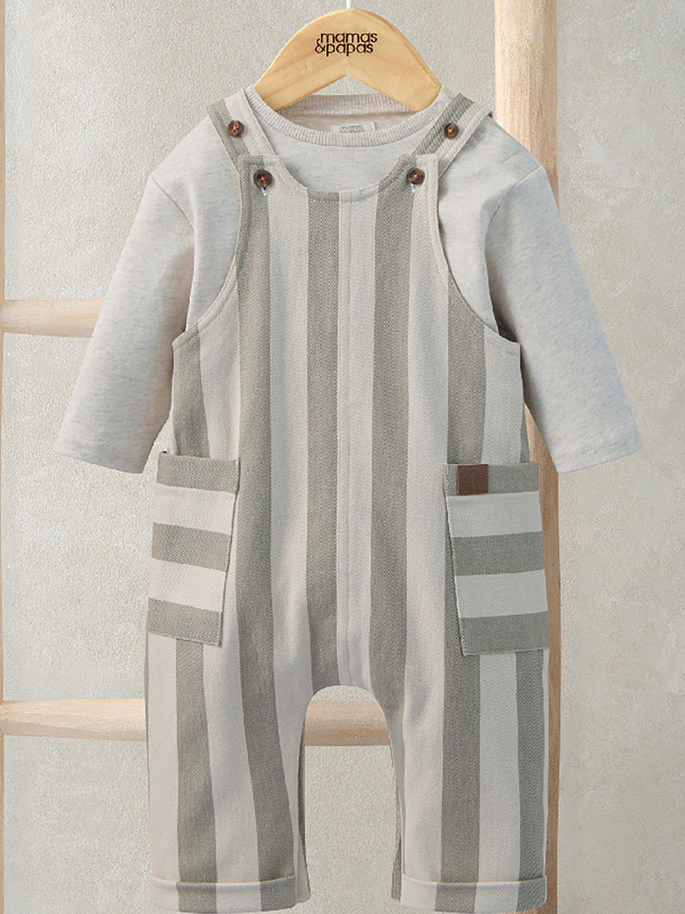 Mamas & Papas: Baby Boys 2 Piece Stripe Dungarees  &  Ribbed Top Set - Green