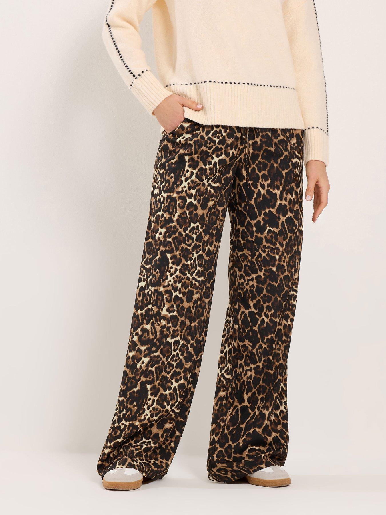 Long Tall Sally Leopard Print Wide Leg Trouser 34" - Brown