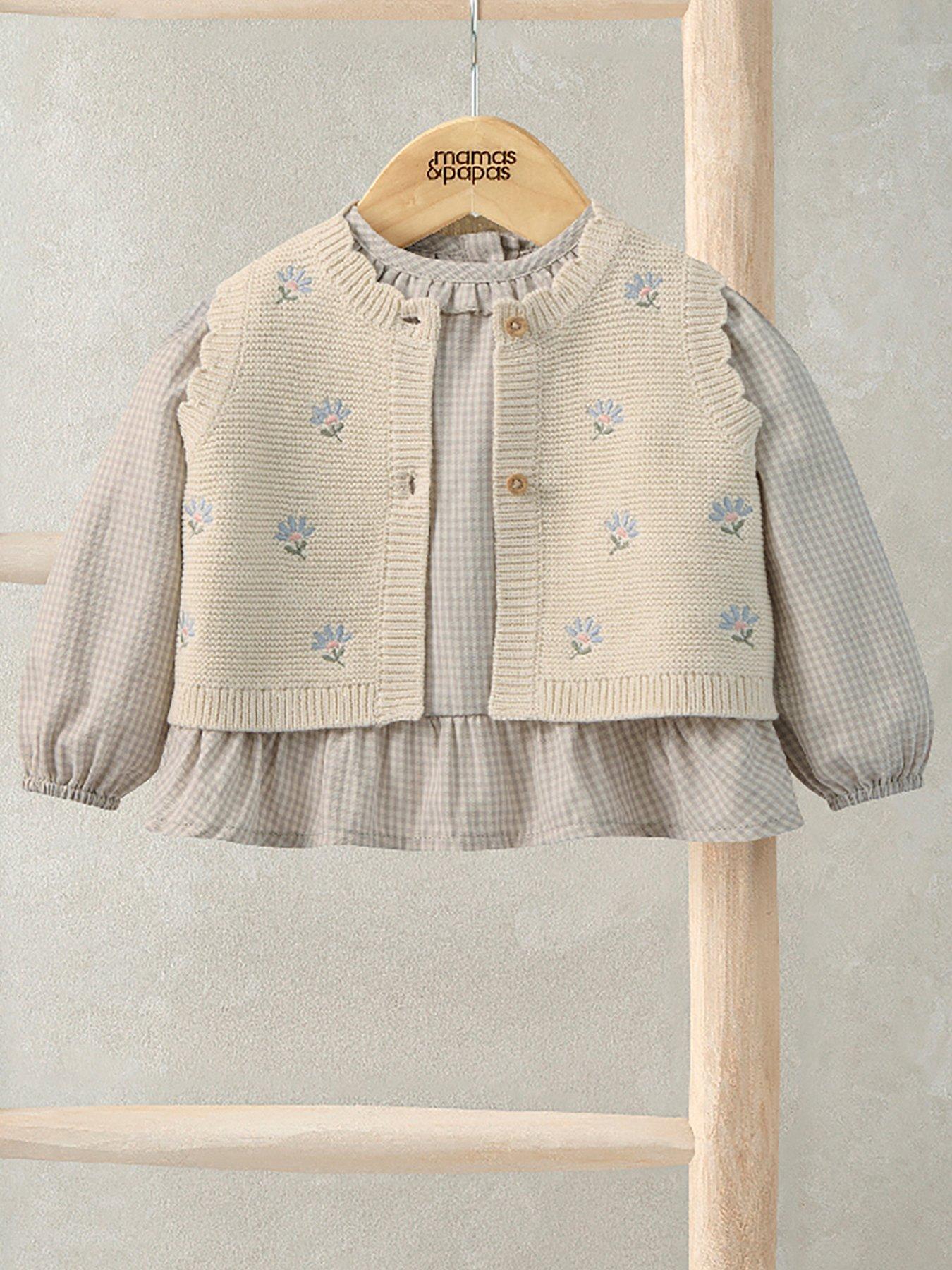 Mamas & Papas Baby Girls 2 Piece Knitted Waistcoat  &  Gingham Top Set - Cream