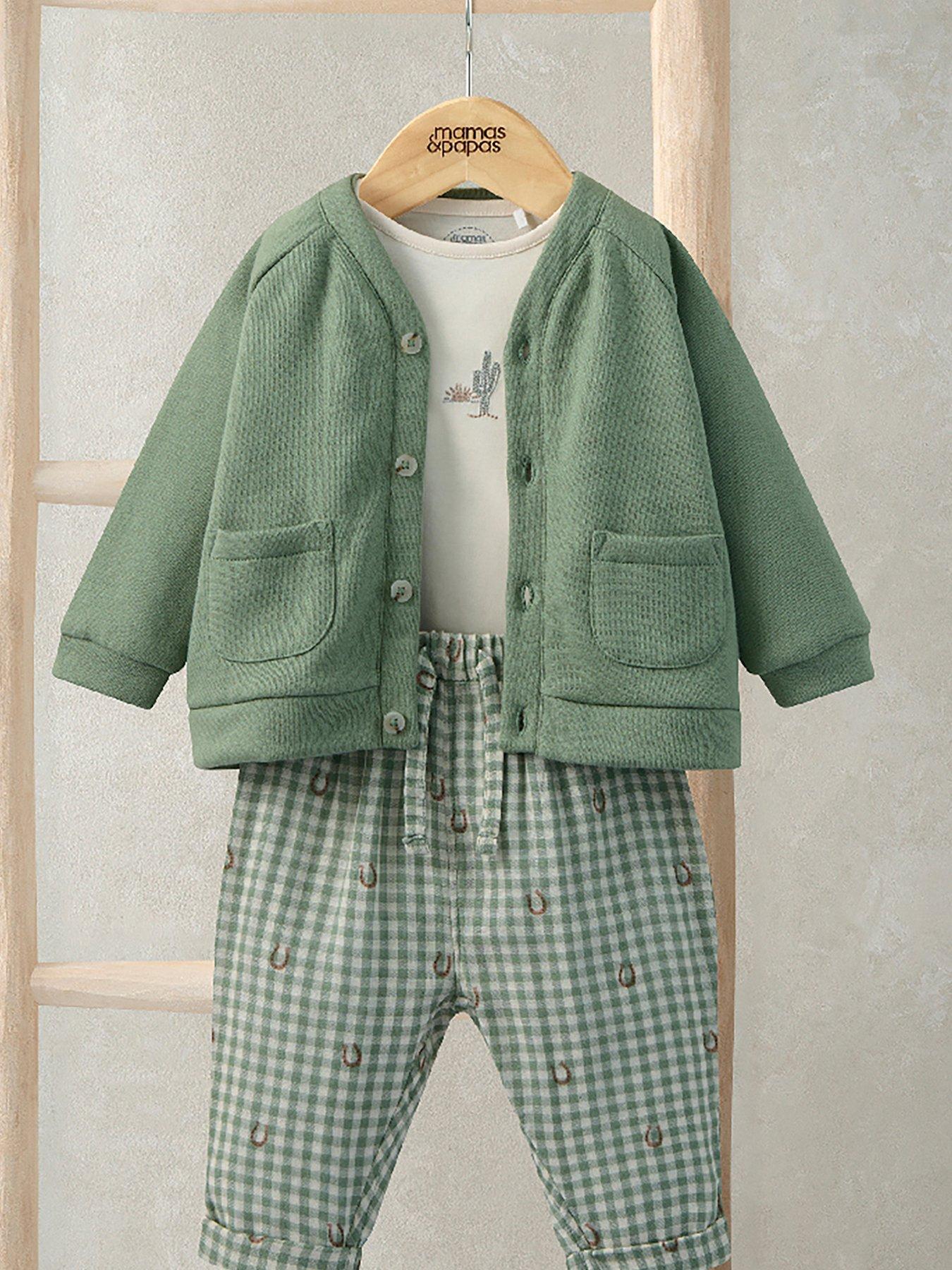 Mamas & Papas Baby Boys 3 Piece Gingham Jacket, Trousers & Bodysuit Set, Green, Size 0-3 Months