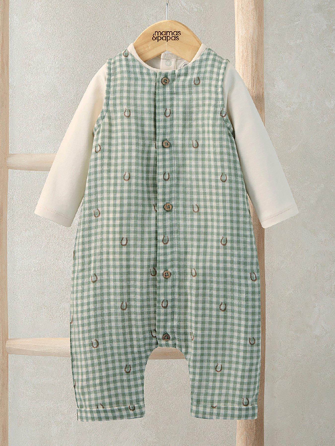 Image 1 of 4 of Mamas & Papas Baby Boys 2 Piece Gingham Romper &amp; Bodysuit Set - Green