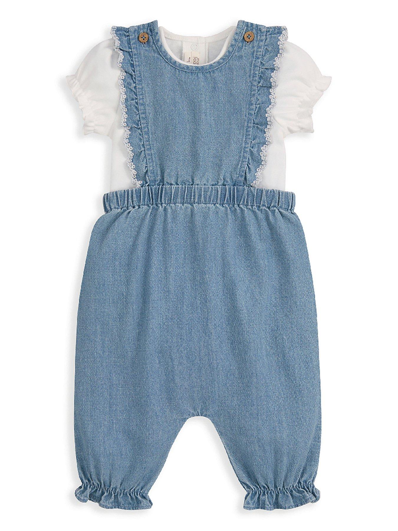 Mamas & Papas: Baby Girls 2 Piece Chambray Dungarees  &  Bodysuit Set - Blue