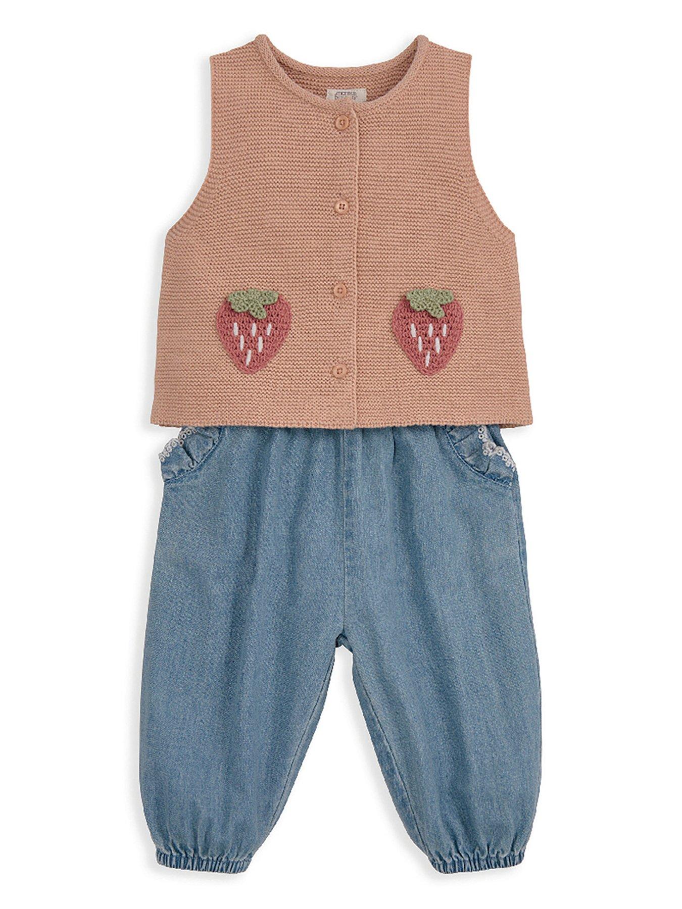 Mamas & Papas Baby Girls 2 Piece Knitted Strawberry Waistcoat  &  Denim Trousers Set - Blue