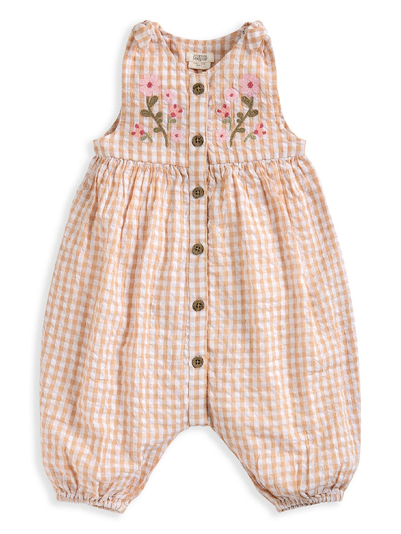 Mamas & Papas Baby Girls Floral Embroidered Gingham Dungarees - Pink