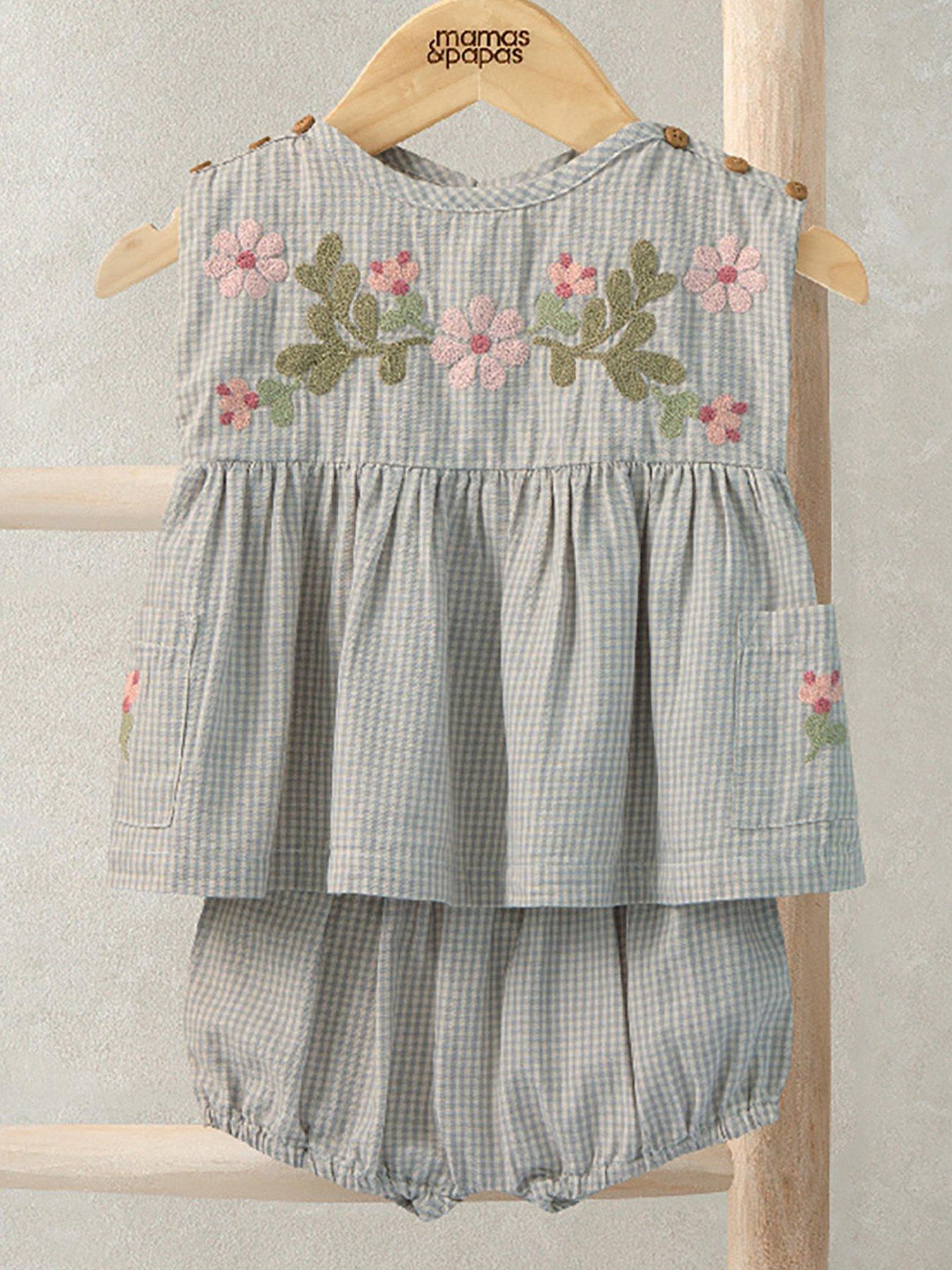 Mamas & Papas: Baby Girls Embroidered Gingham Top  &  Shorts Set - Grey