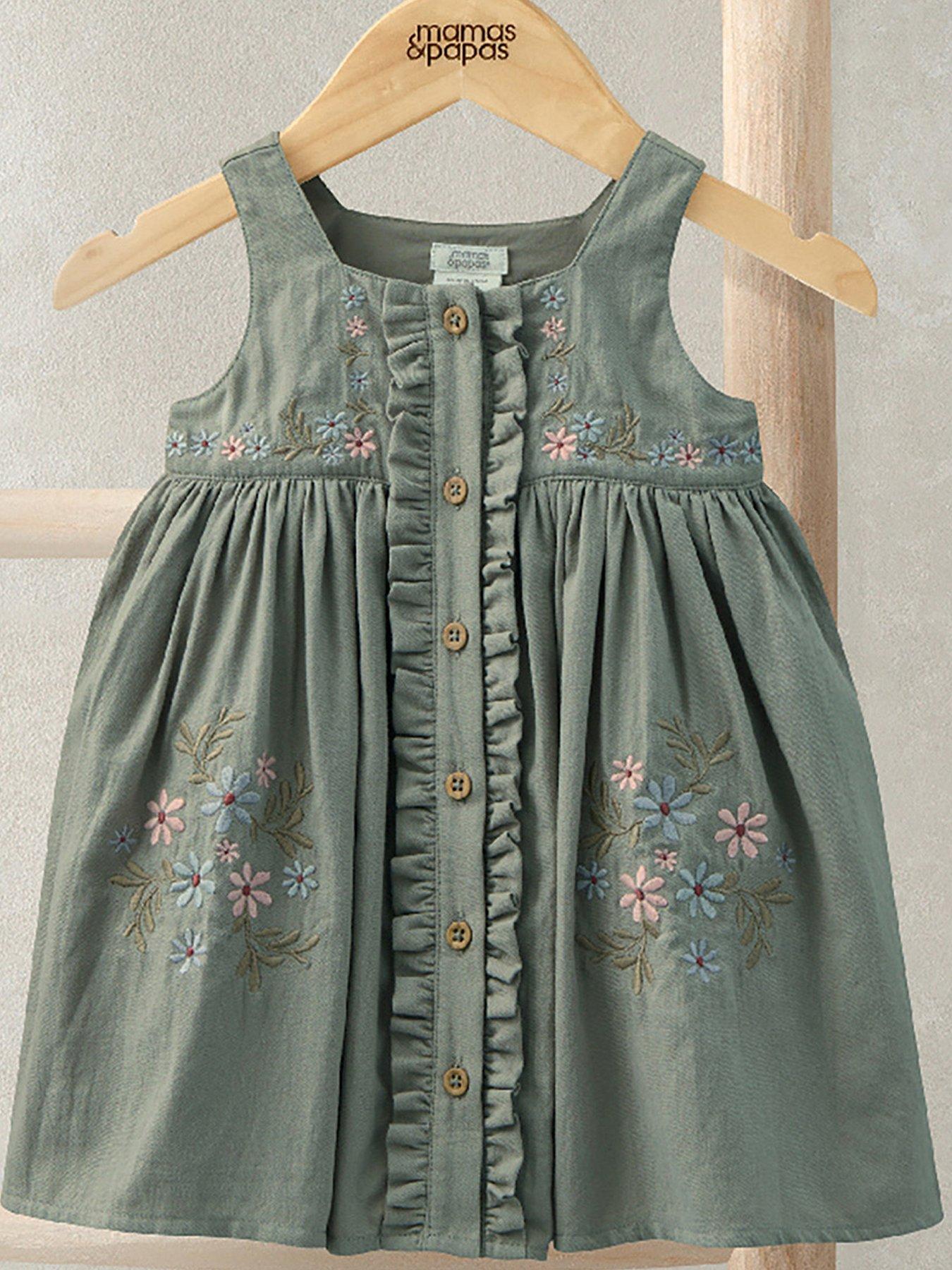 Mamas & Papas Baby Girls Floral Embroidered Pinafore Dress - Green