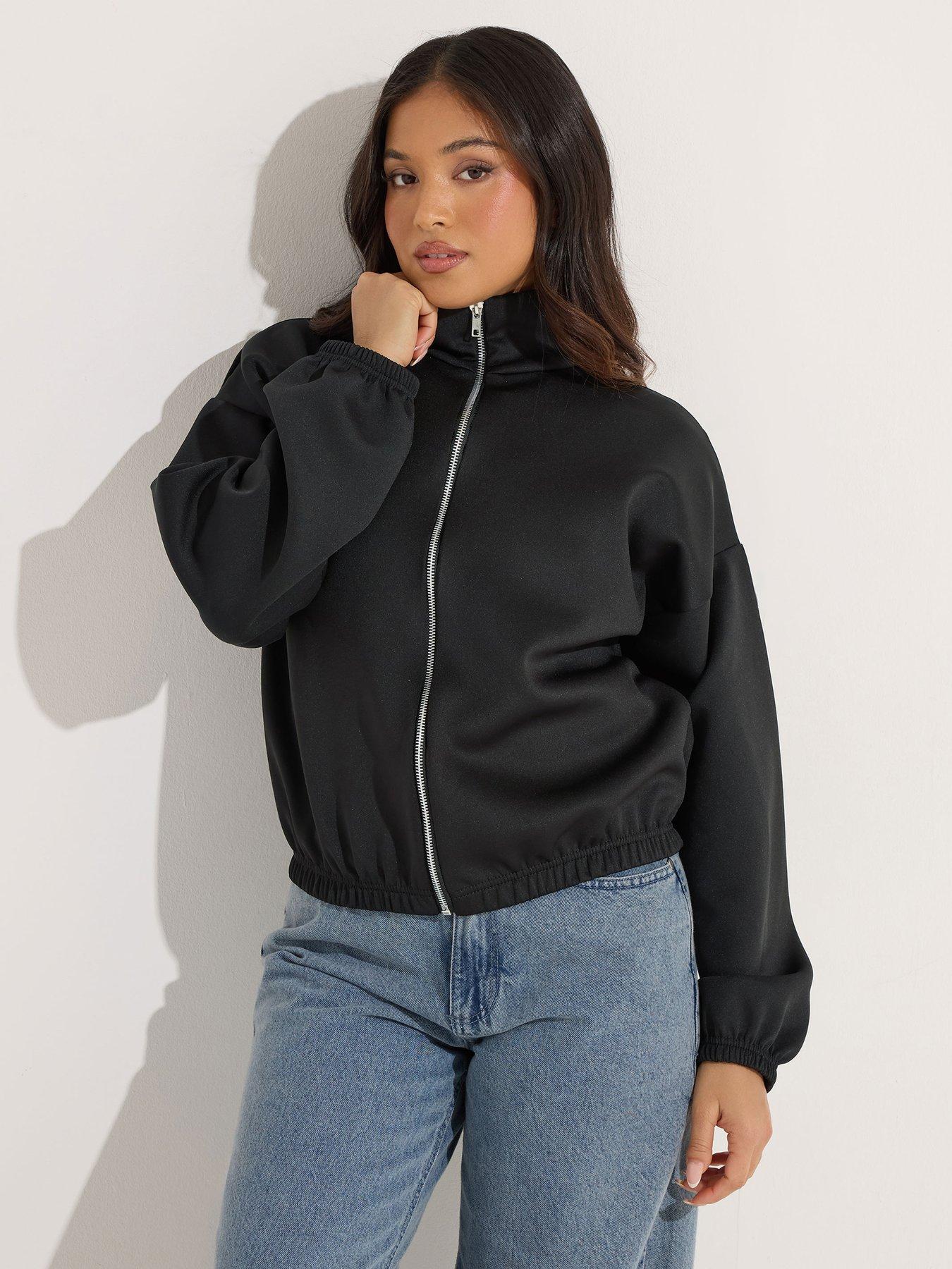 PixieGirl Petite Scuba Funnel Neck Zip Jacket - Black