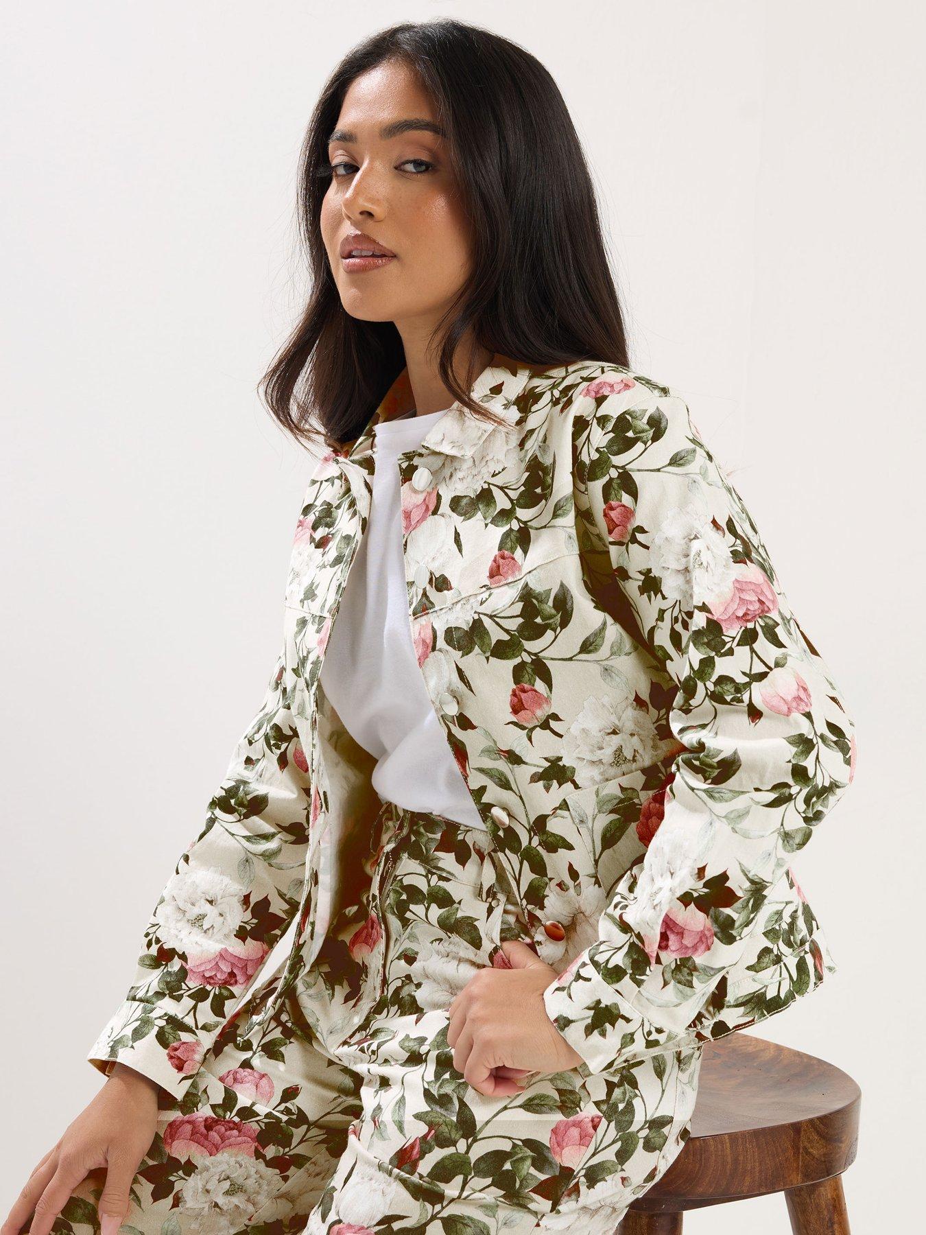 Image 1 of 5 of PixieGirl Petite Floral Print Denim Jacket