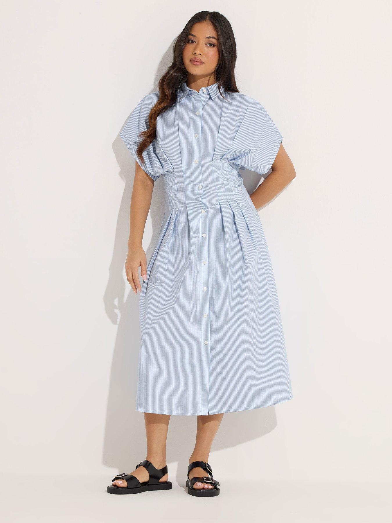 PixieGirl Petite Stripe Cinch Waist Shirt Dress - Blue