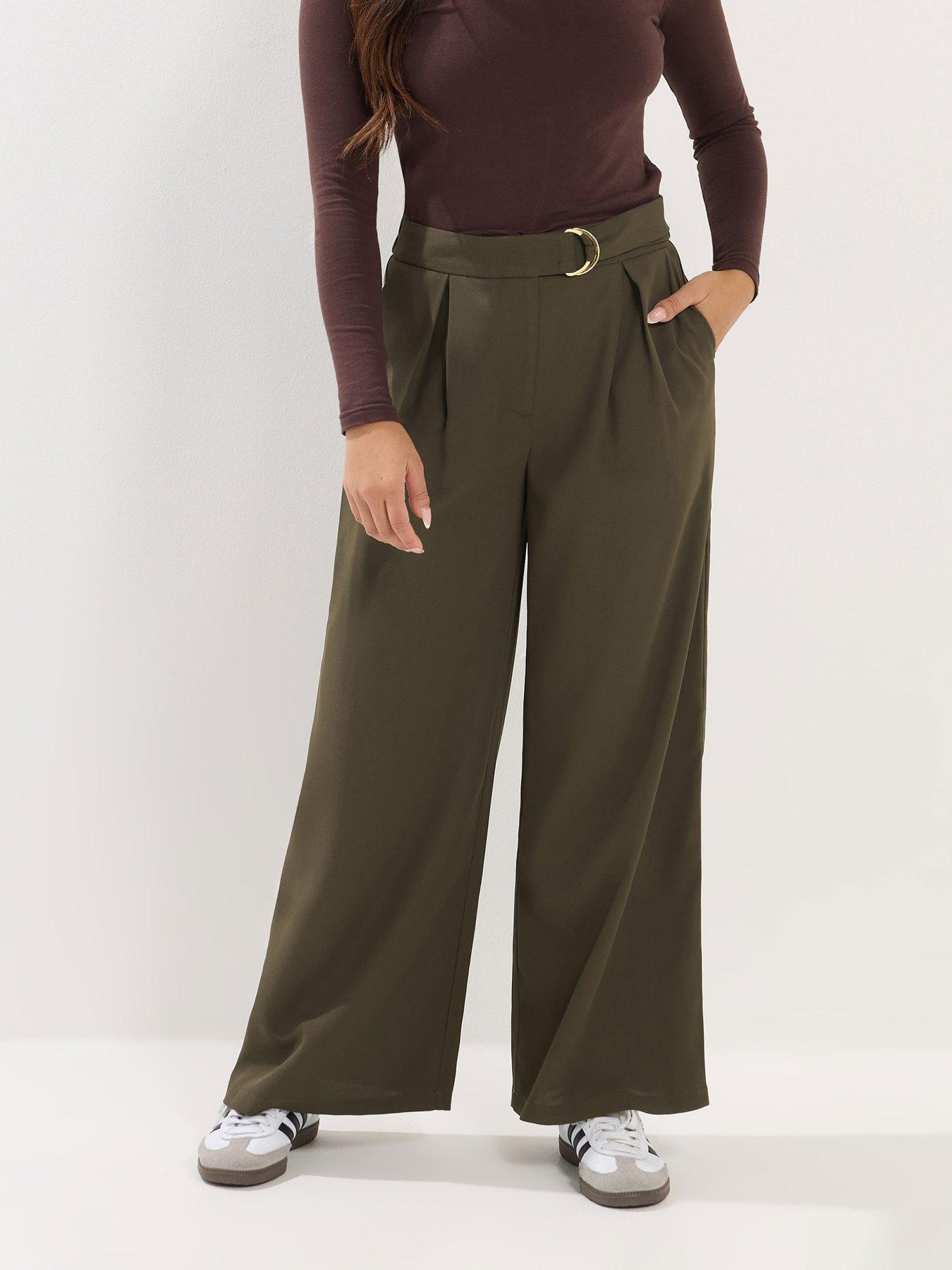 PixieGirl Petite Self Belt Buckle Wide Leg Trouser, Green, Size 12, Women