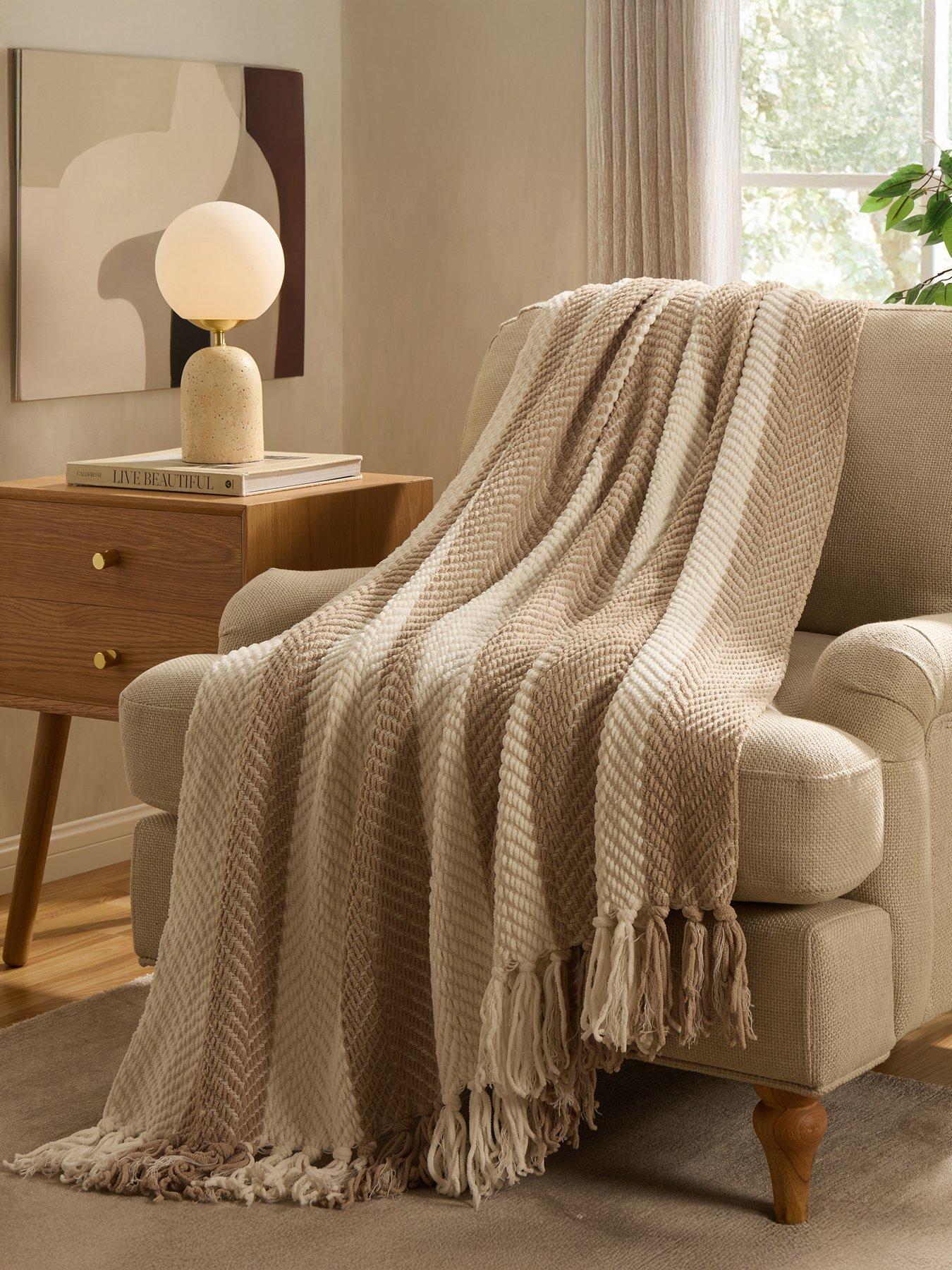 Image 3 of 5 of Dusk Chenille Stripe Tassel Herringbone Throw - Oatmeal/white