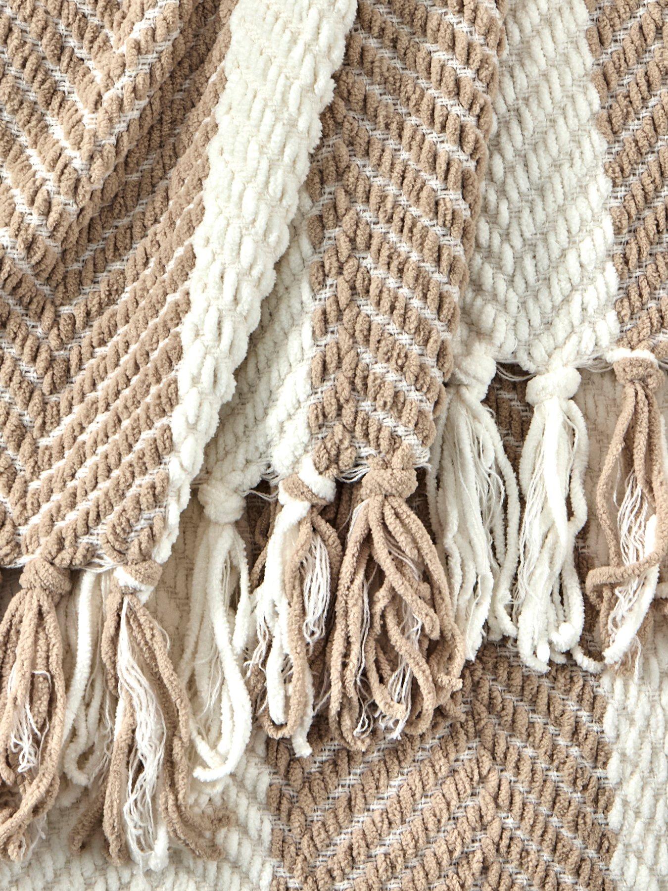 Image 4 of 5 of Dusk Chenille Stripe Tassel Herringbone Throw - Oatmeal/white