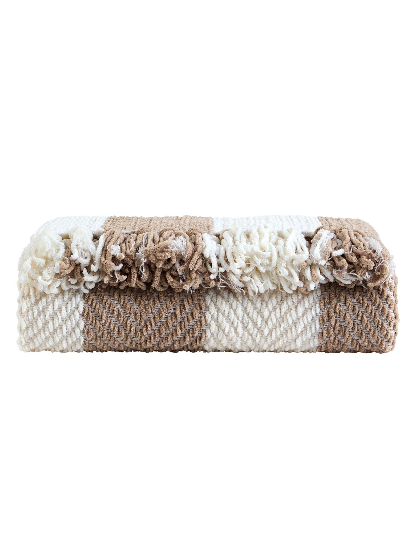 Image 5 of 5 of Dusk Chenille Stripe Tassel Herringbone Throw - Oatmeal/white
