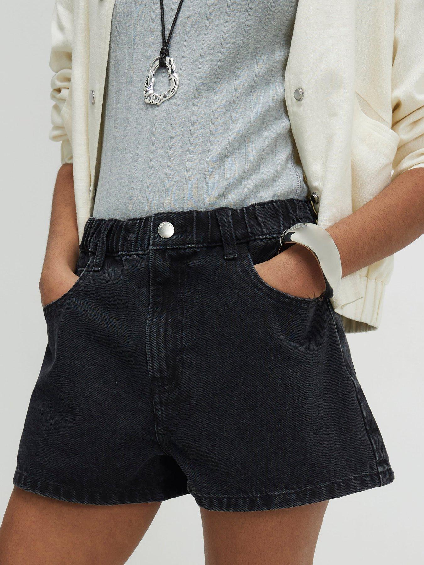 Image 4 of 4 of River Island Elasticated A Line Denim Shorts - Black