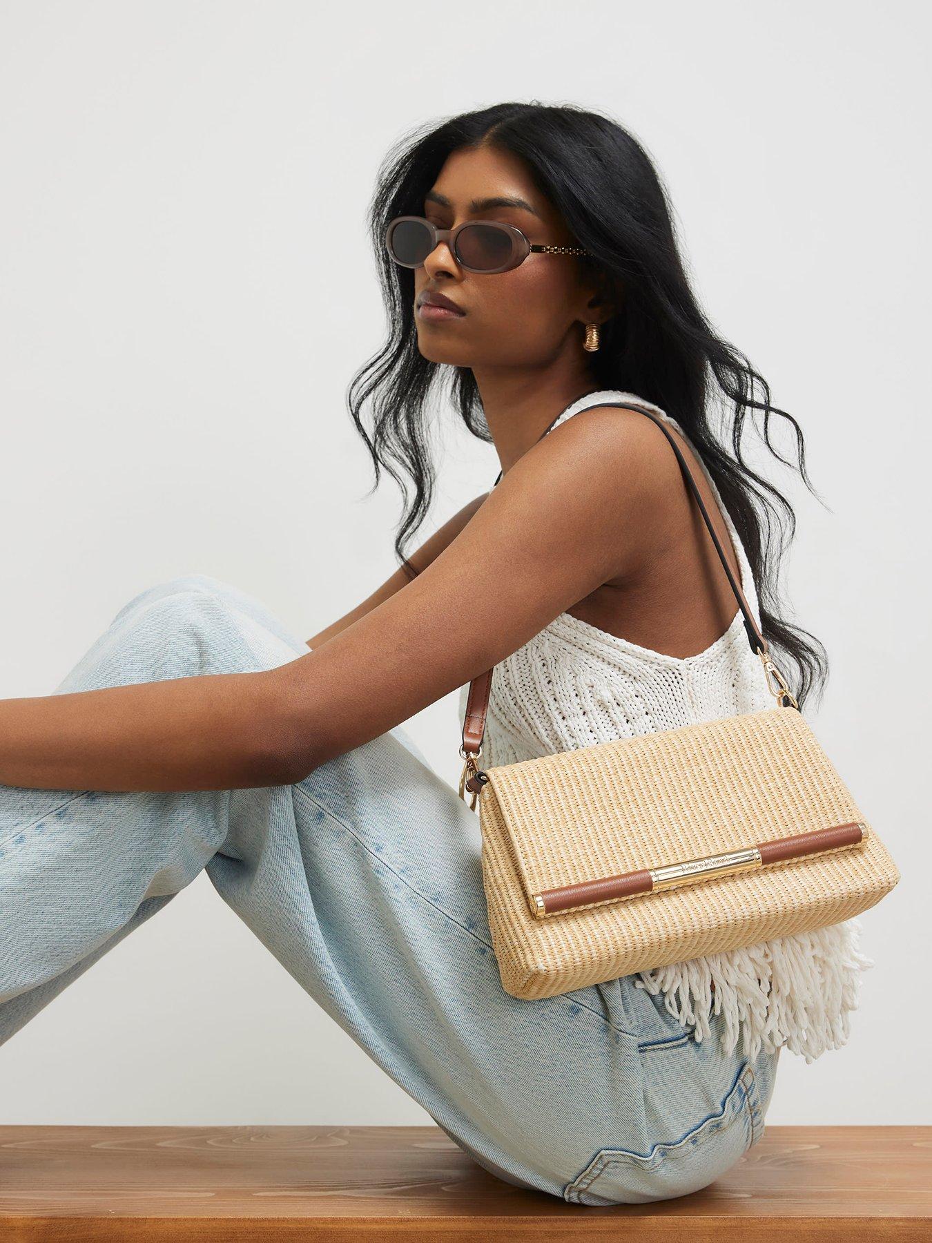 River Island Raffia Bar Front Shoulder Bag - Beige