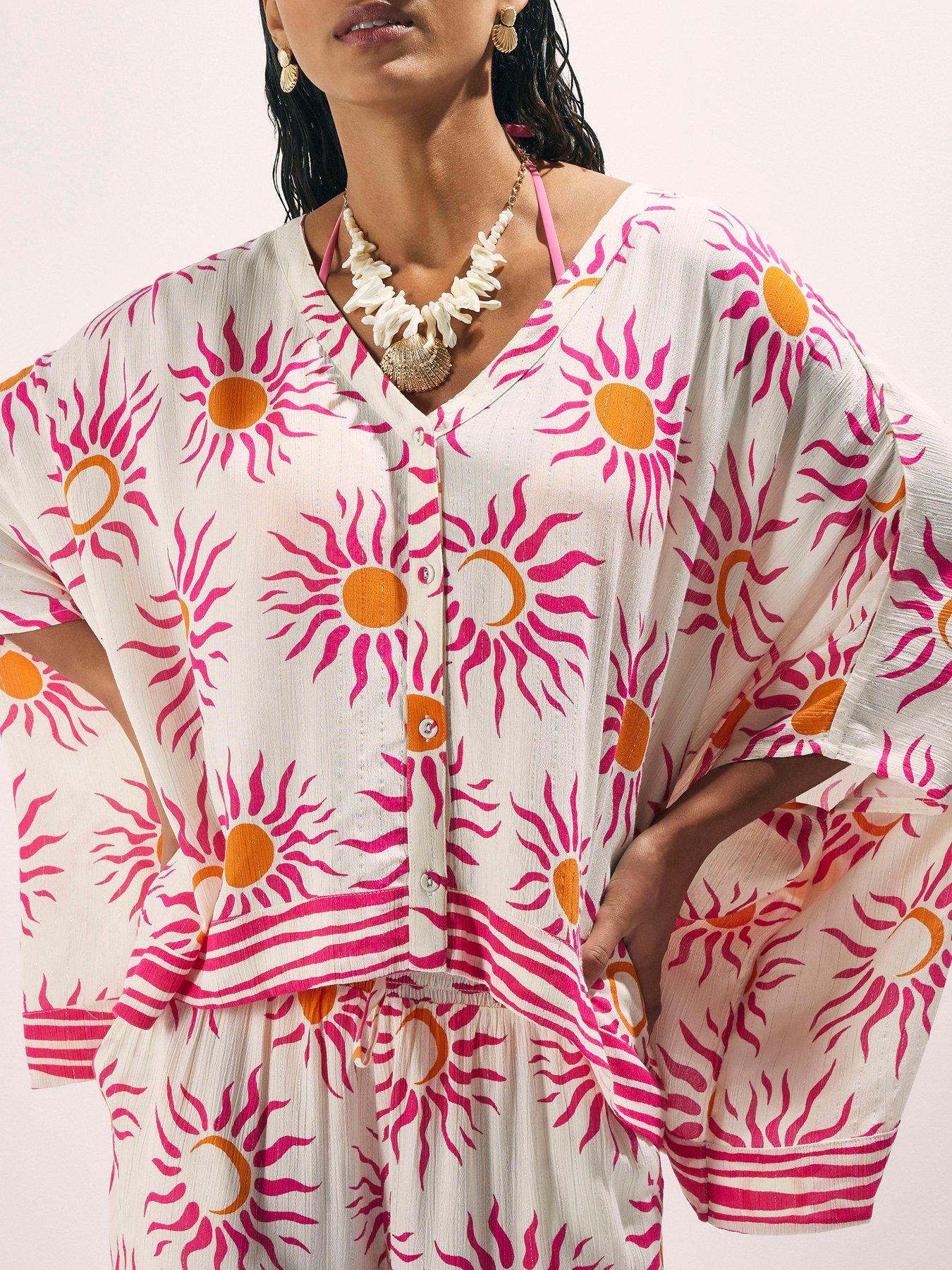 Image 1 of 4 of River Island Long Sleeve Sun Print Blouse - White