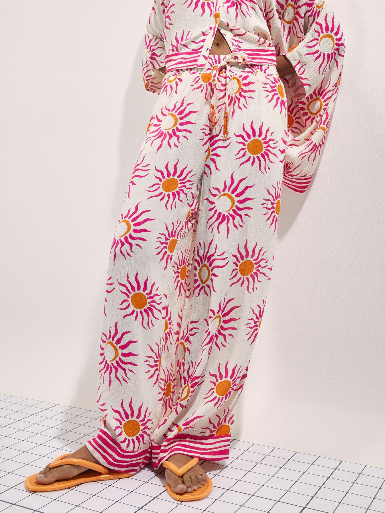 River Island Wide Leg Sun Print Trouser - White