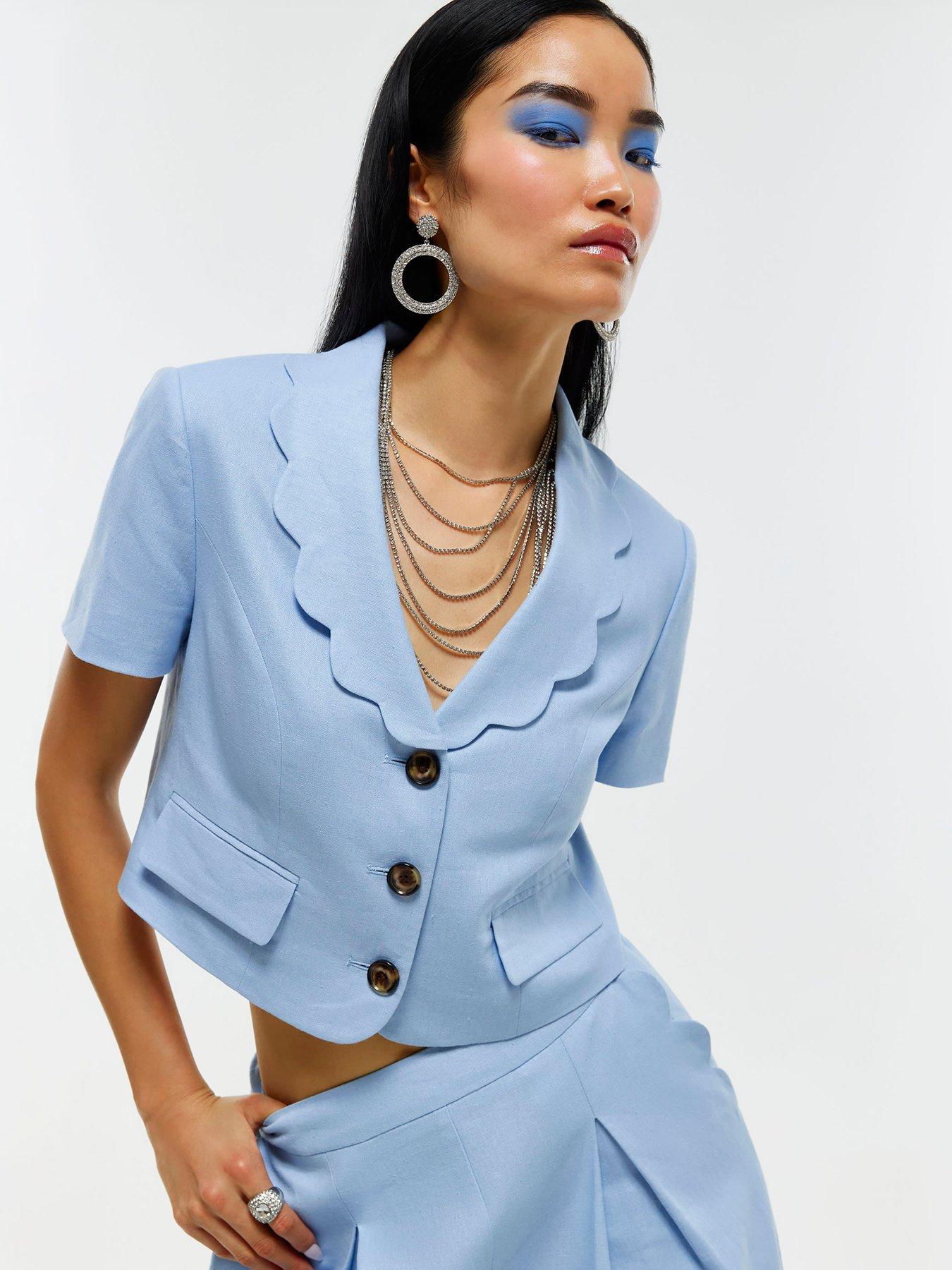 River Island Crop Scallop Linen Jacket - Blue