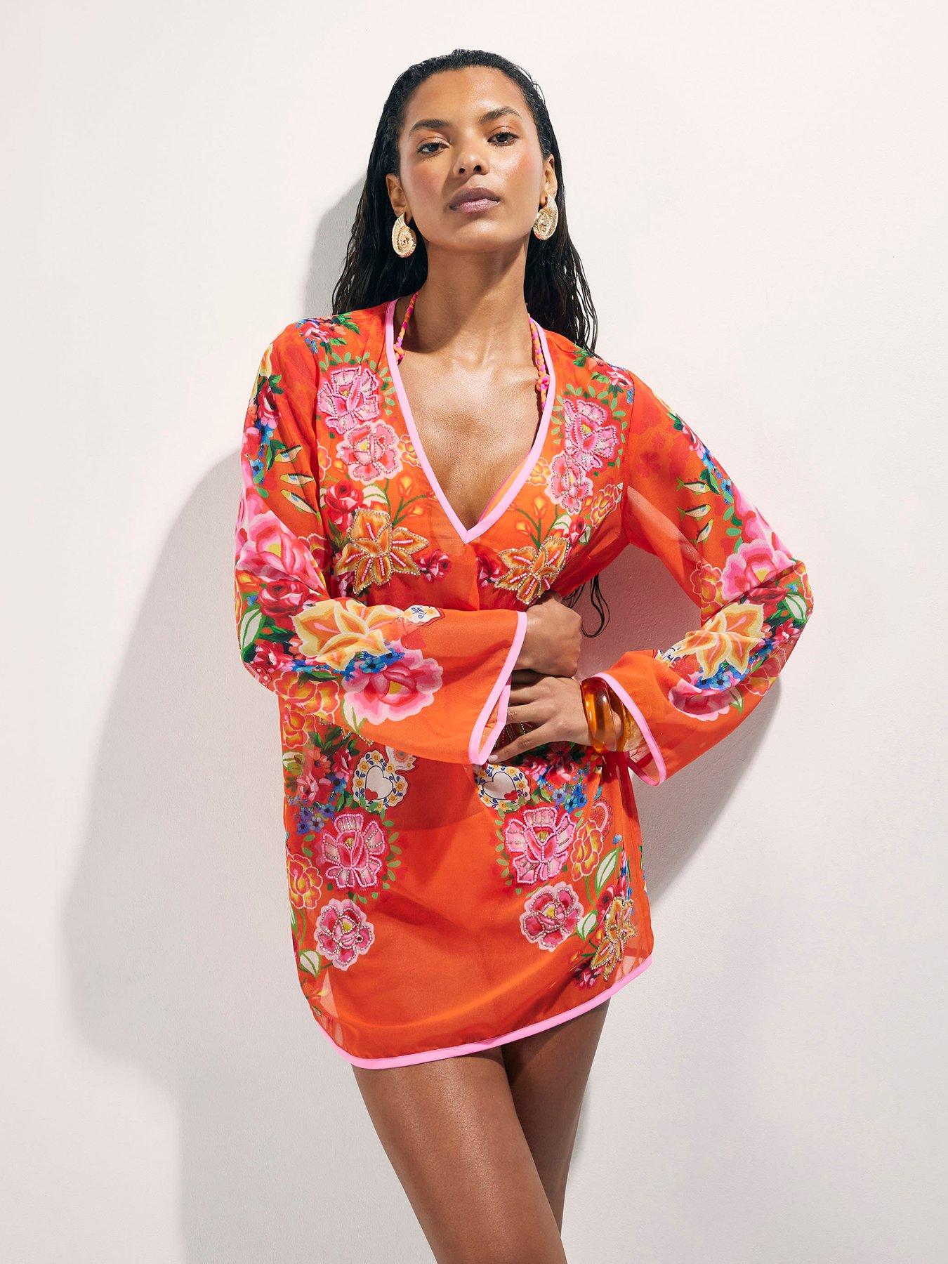 River Island Floral Emb Border Tunic - Orange