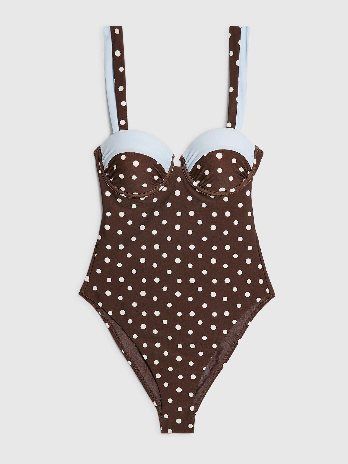 Image 5 of 6 of River Island Polka Dot Shaping Tie Back Swimsuit - Brown