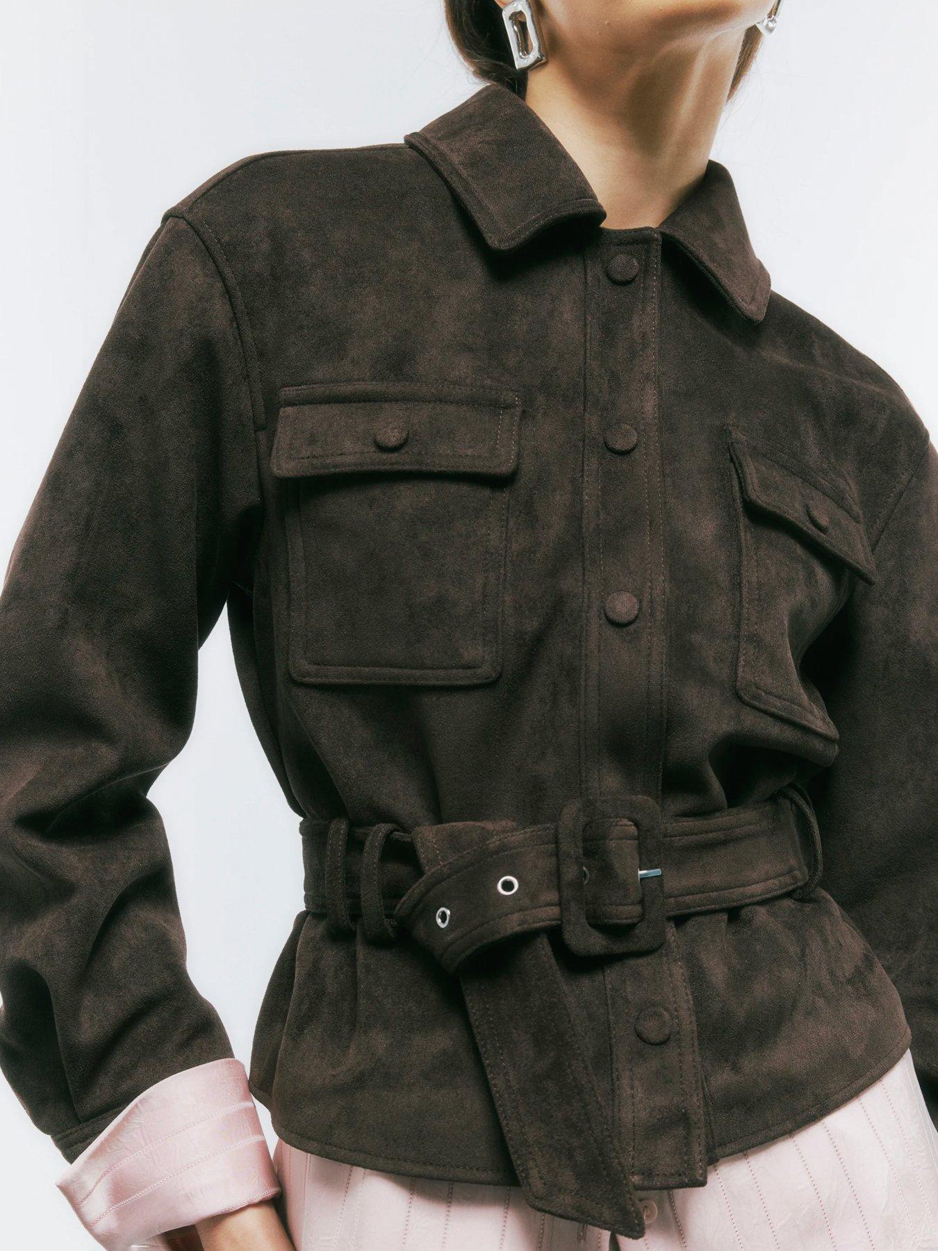 River Island Belted Long Sleeve Suedette Shirt - Brown