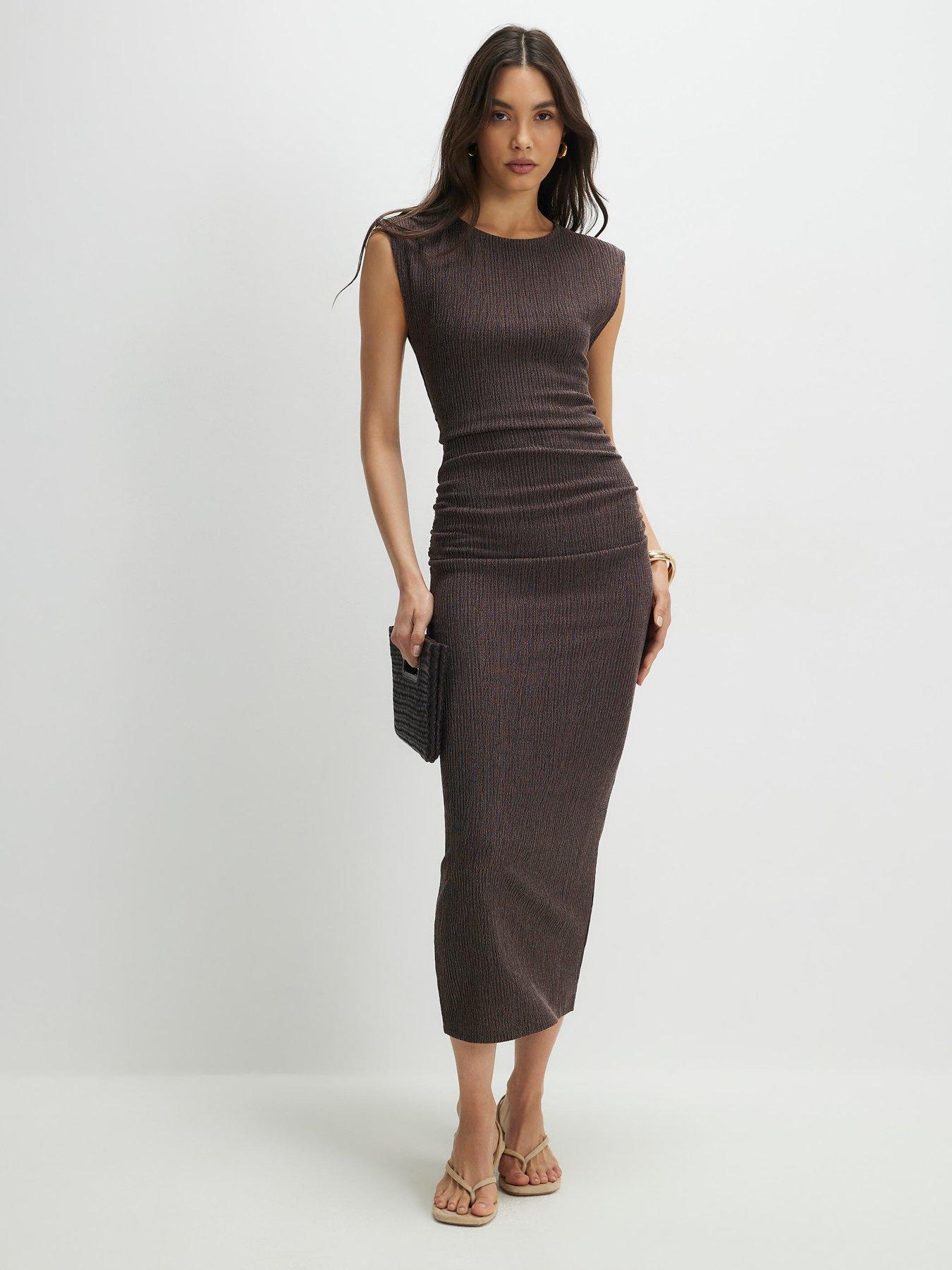 River Island Short Sleeve Texture Ruched Midi Dress - Brown
