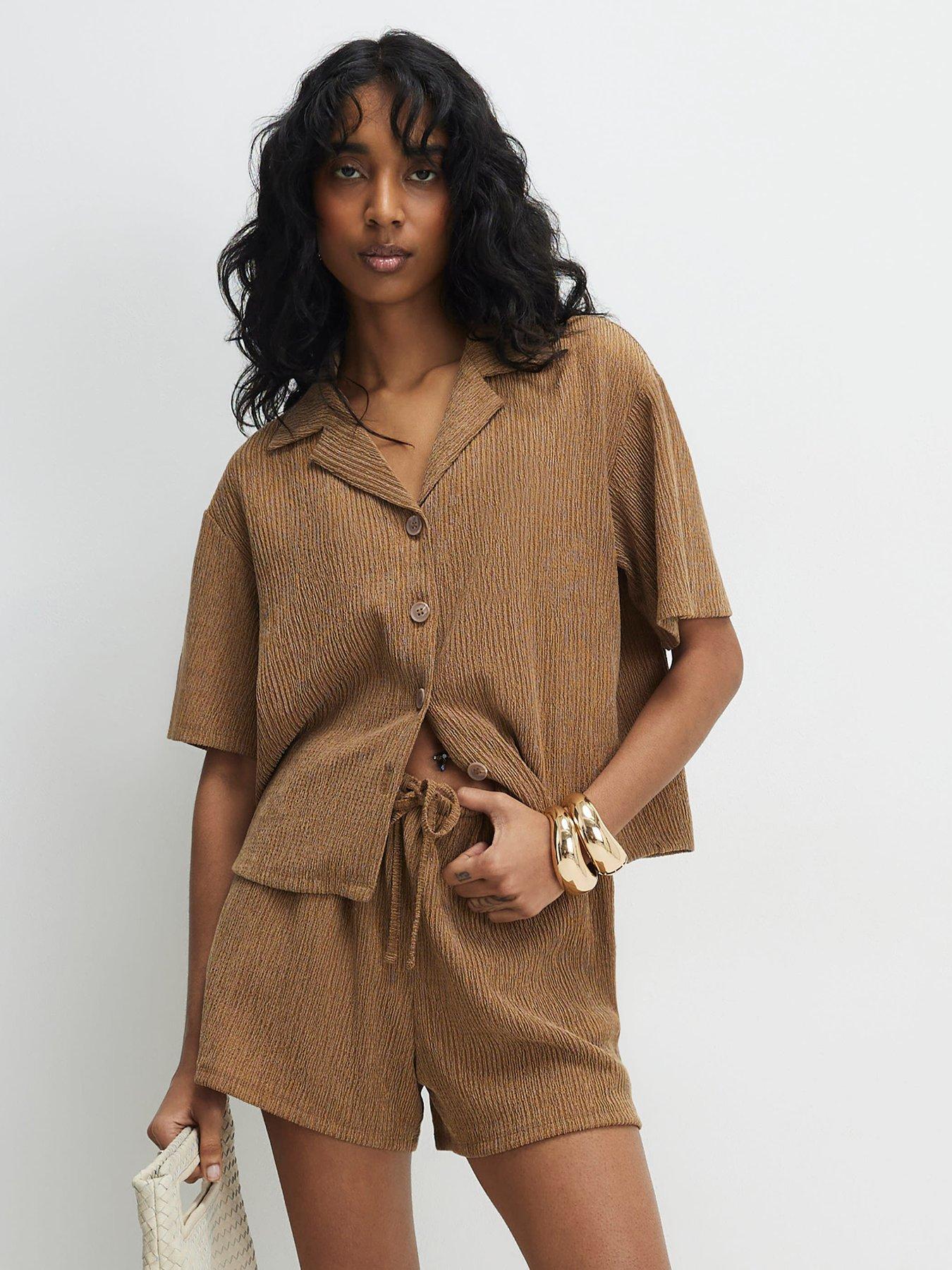 River Island Short Sleeve Texture Co-ord Shirt - Beige