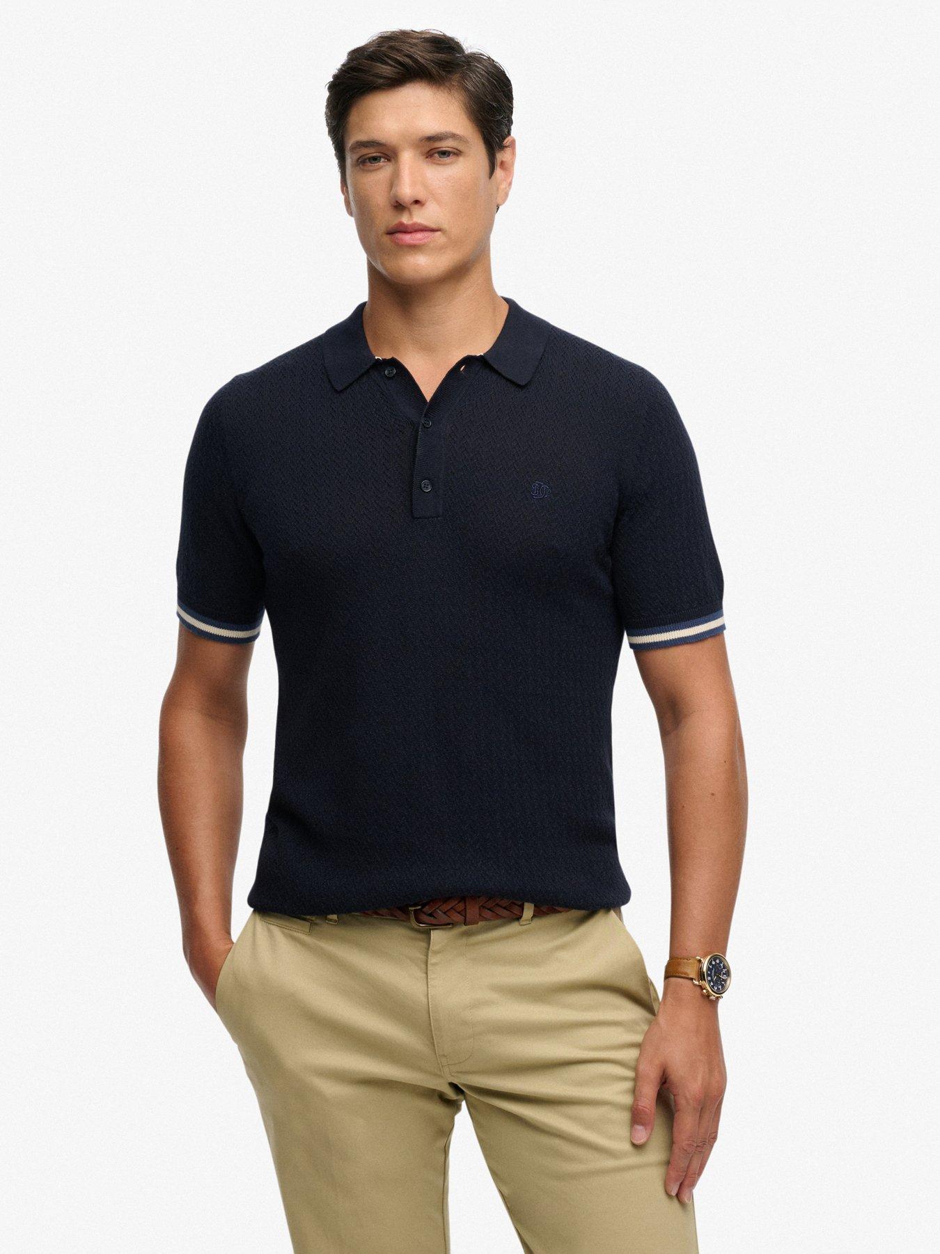 Superdry Knitted Texture Short Sleeve Polo Shirt, Navy, Size Xl, Men