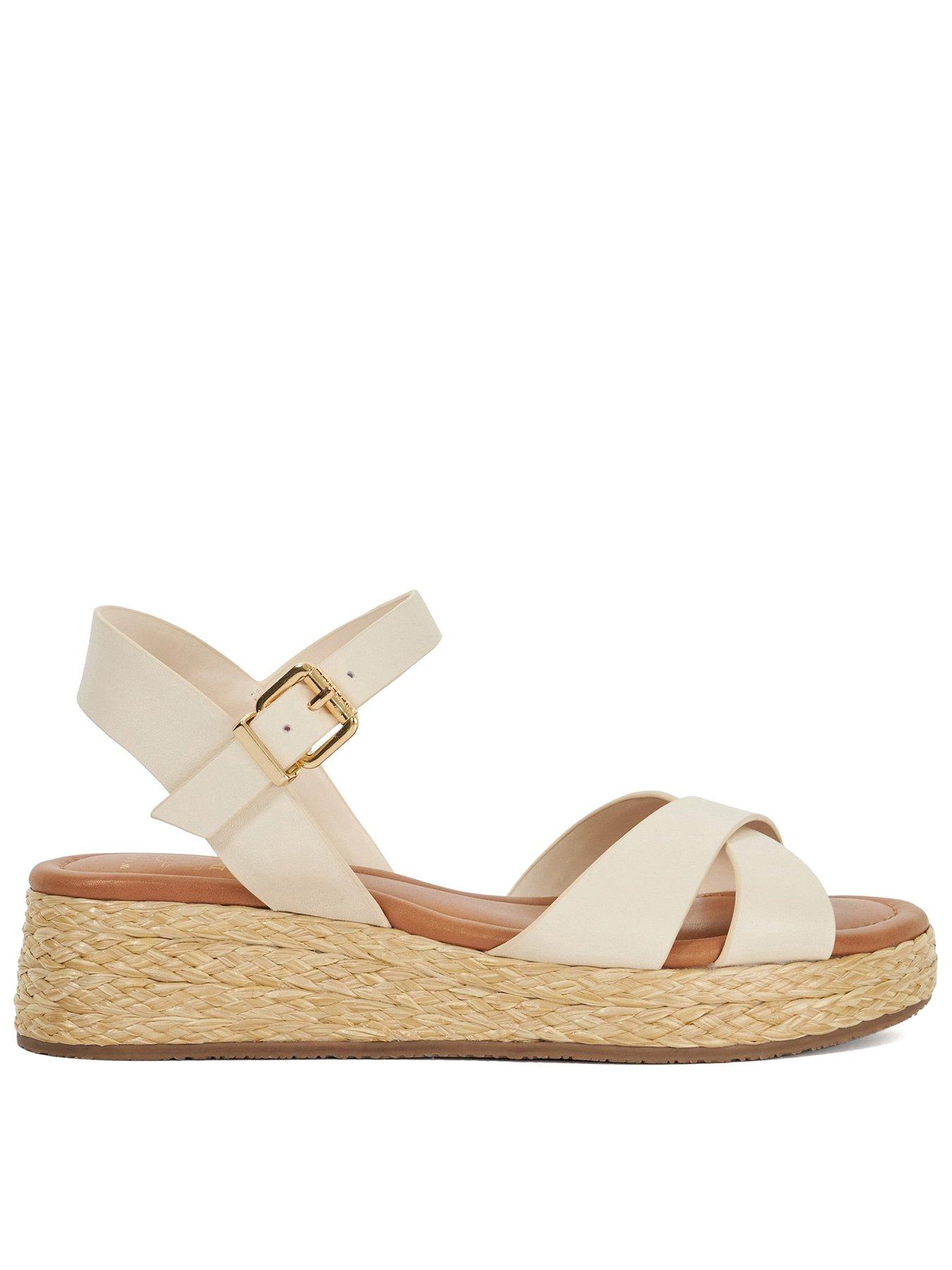 Image 1 of 6 of Dune London Wide Fit Littleton Leather Raffia Flatform Sandals - White