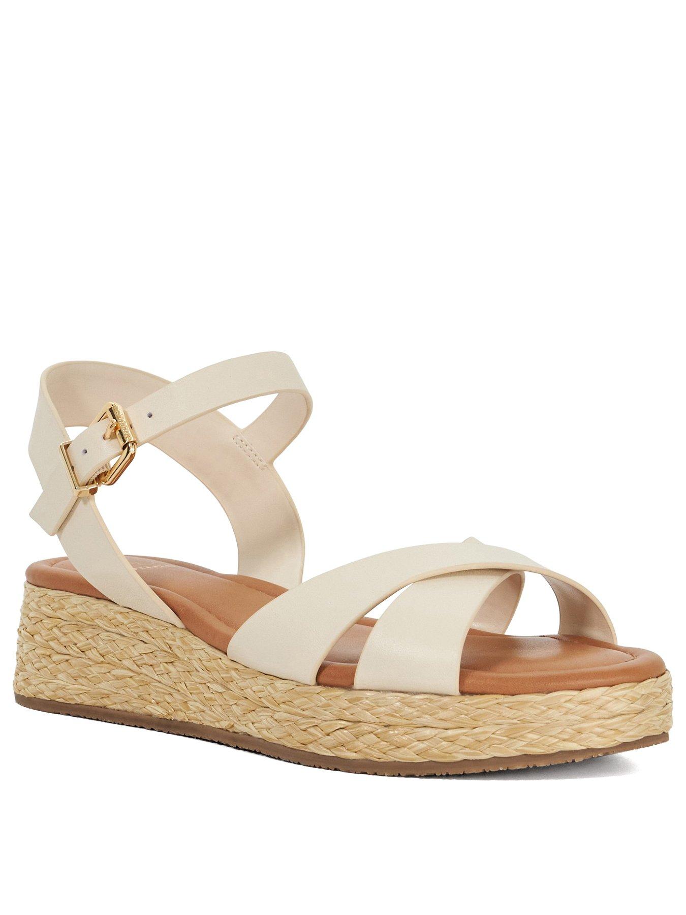 Image 2 of 6 of Dune London Wide Fit Littleton Leather Raffia Flatform Sandals - White