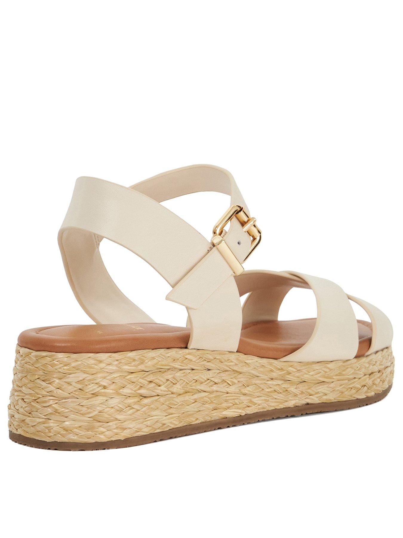 Image 3 of 6 of Dune London Wide Fit Littleton Leather Raffia Flatform Sandals - White